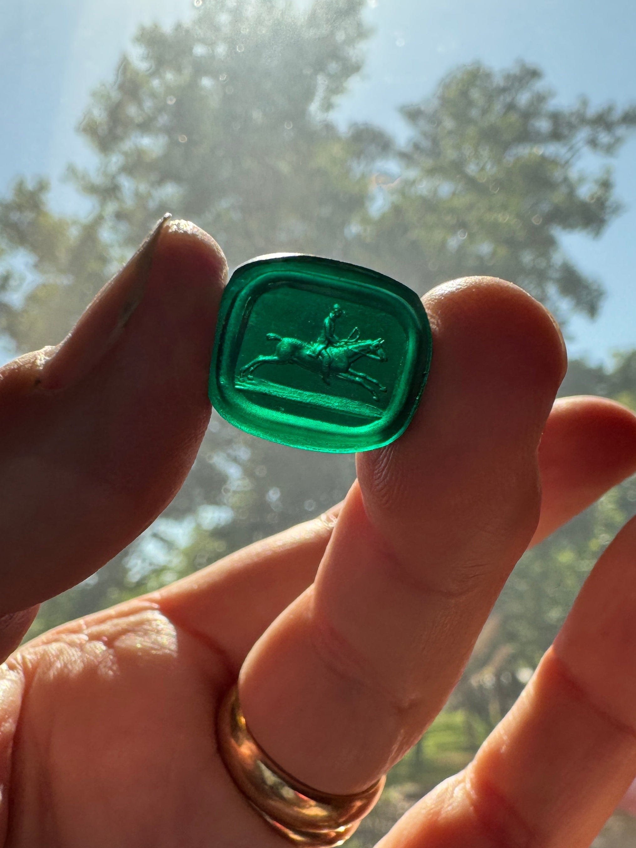 Lovely Green Jockey and Rider Glass Seal