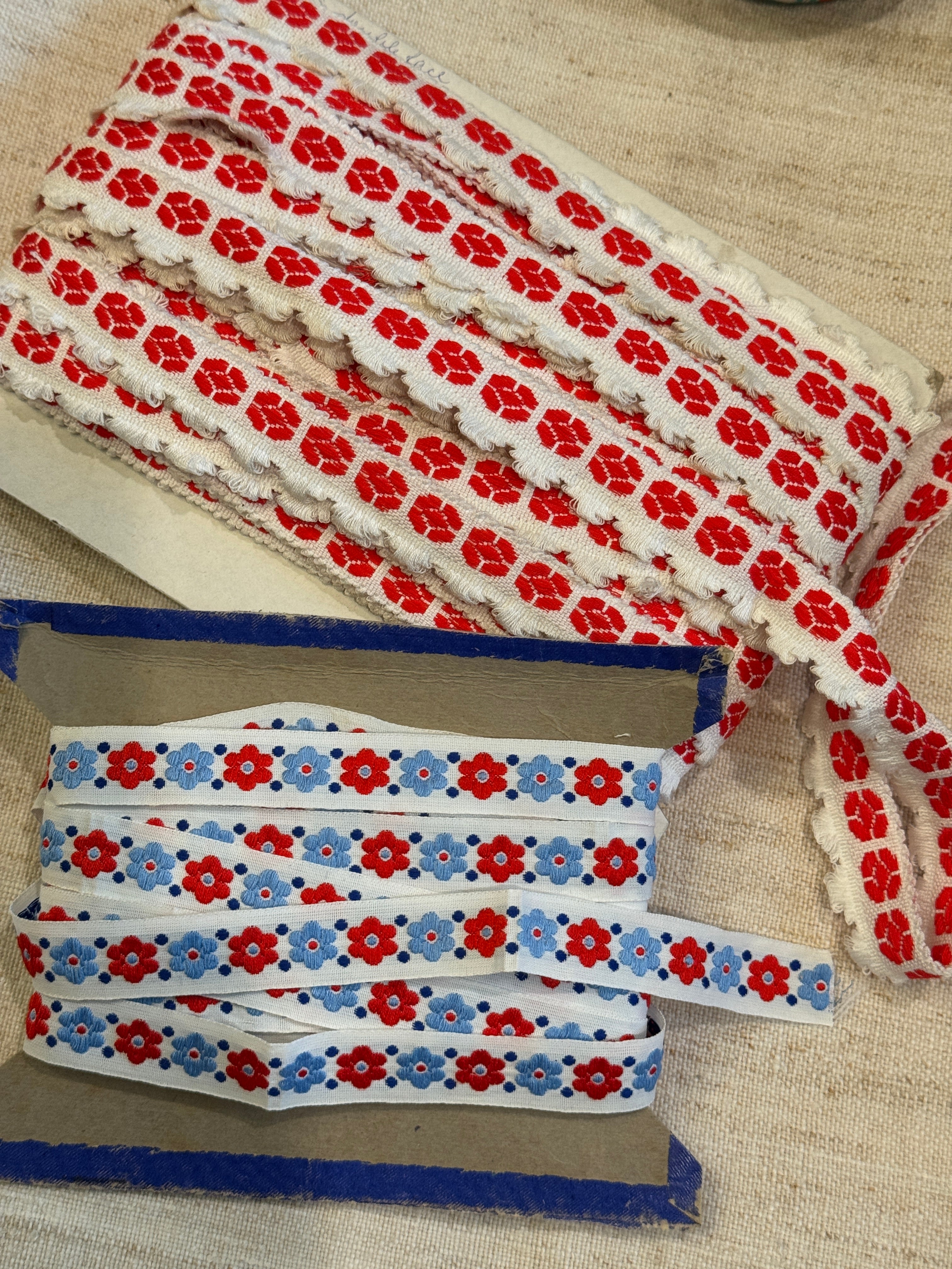 Antique French Embroidered Blue Ribbon Trim