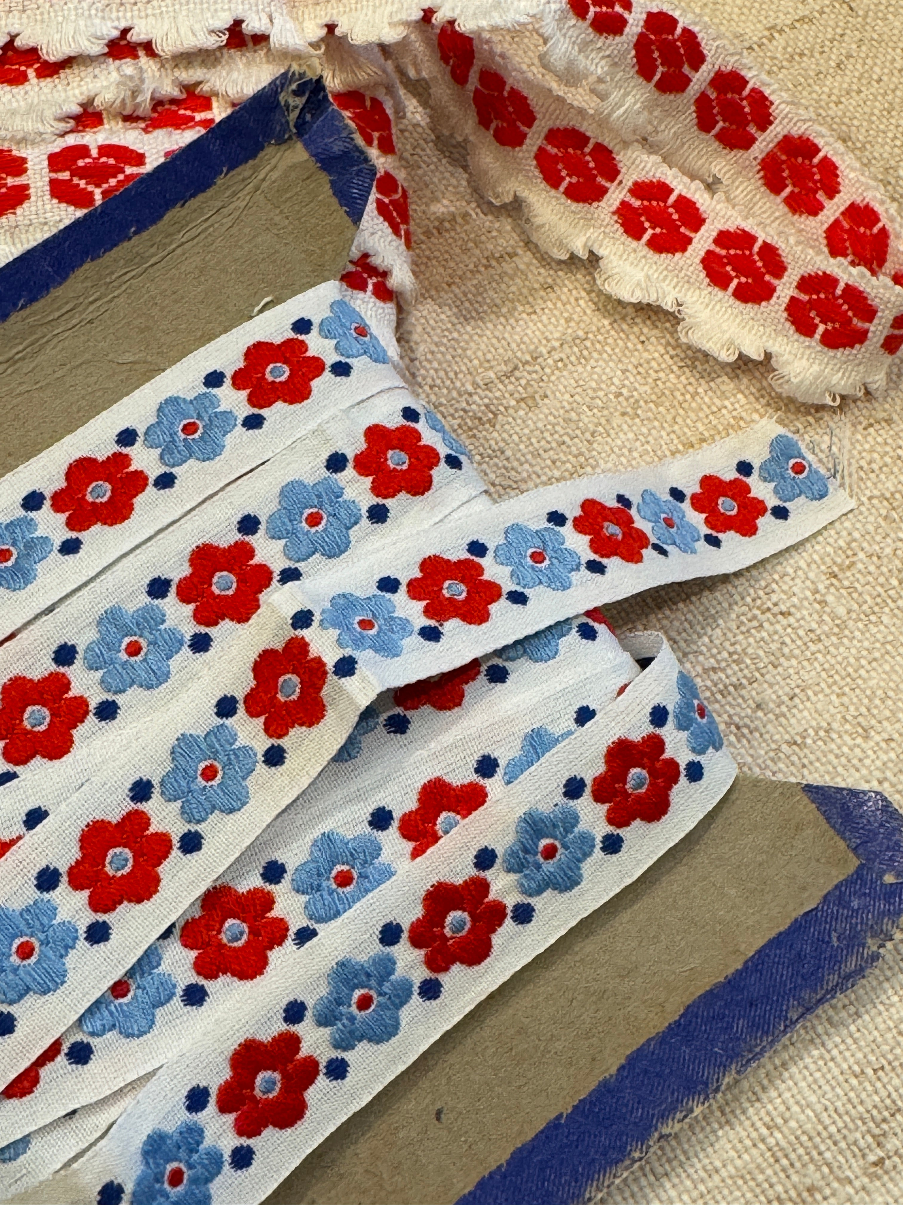 Antique French Embroidered Blue Ribbon Trim