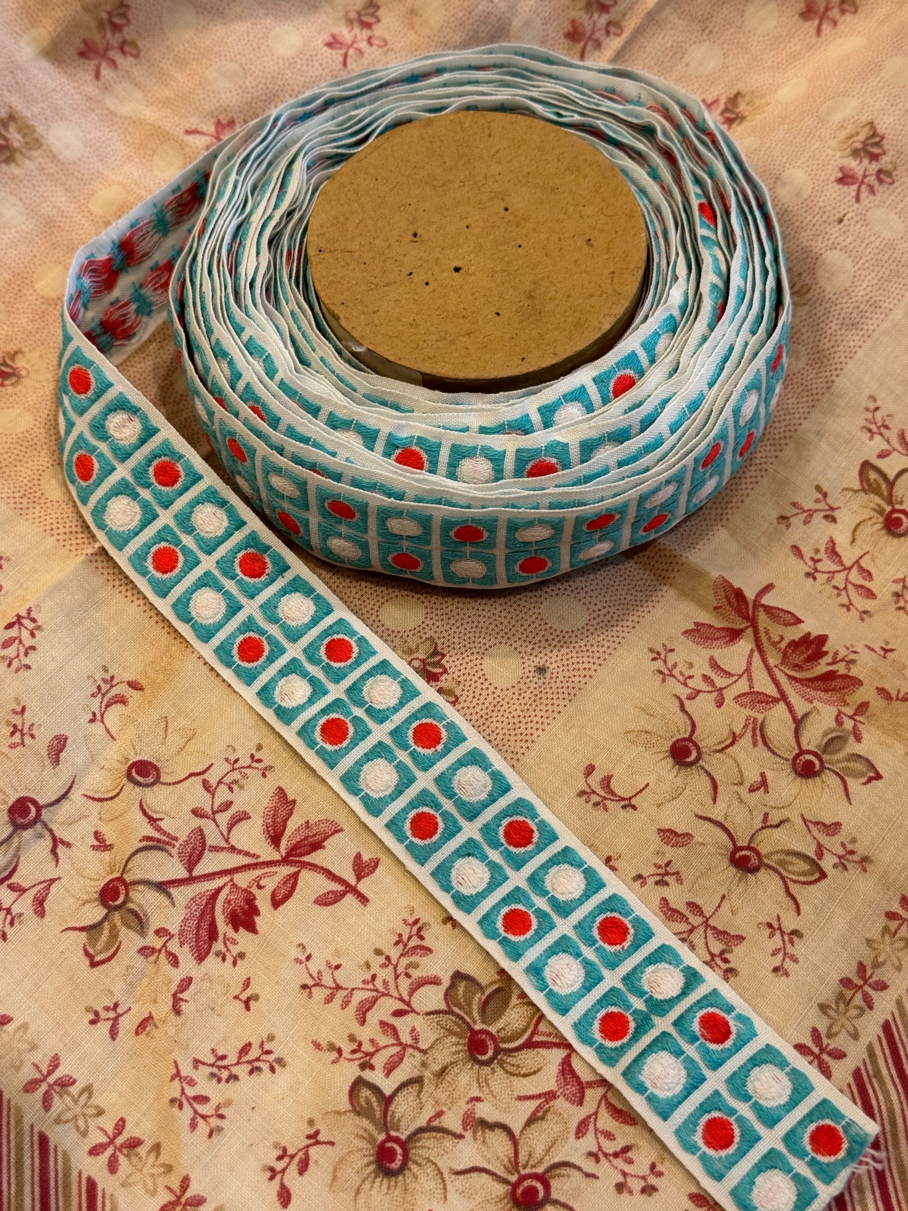 Antique French Embroidered Blue Ribbon Trim