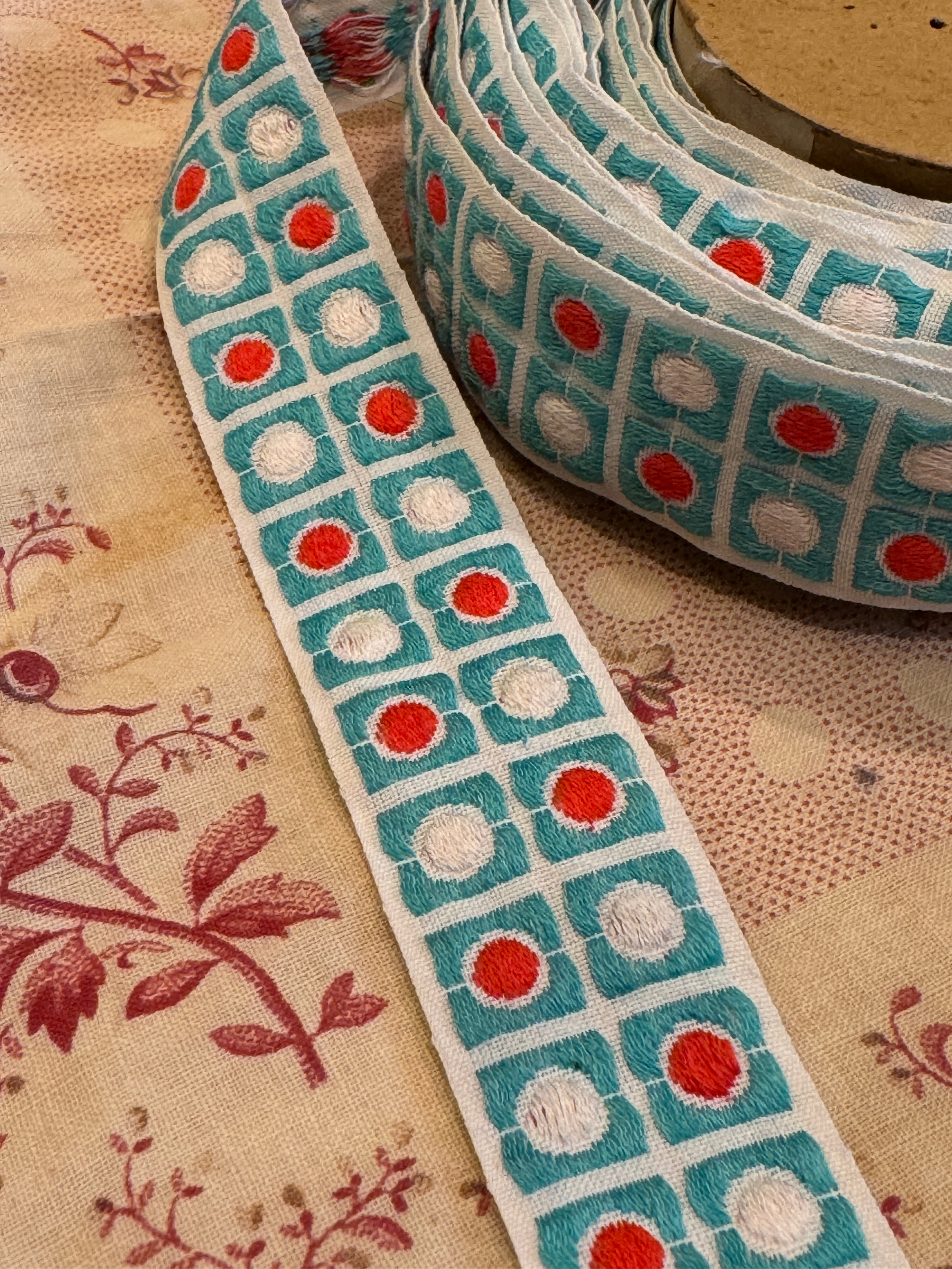 Antique French Embroidered Blue Ribbon Trim