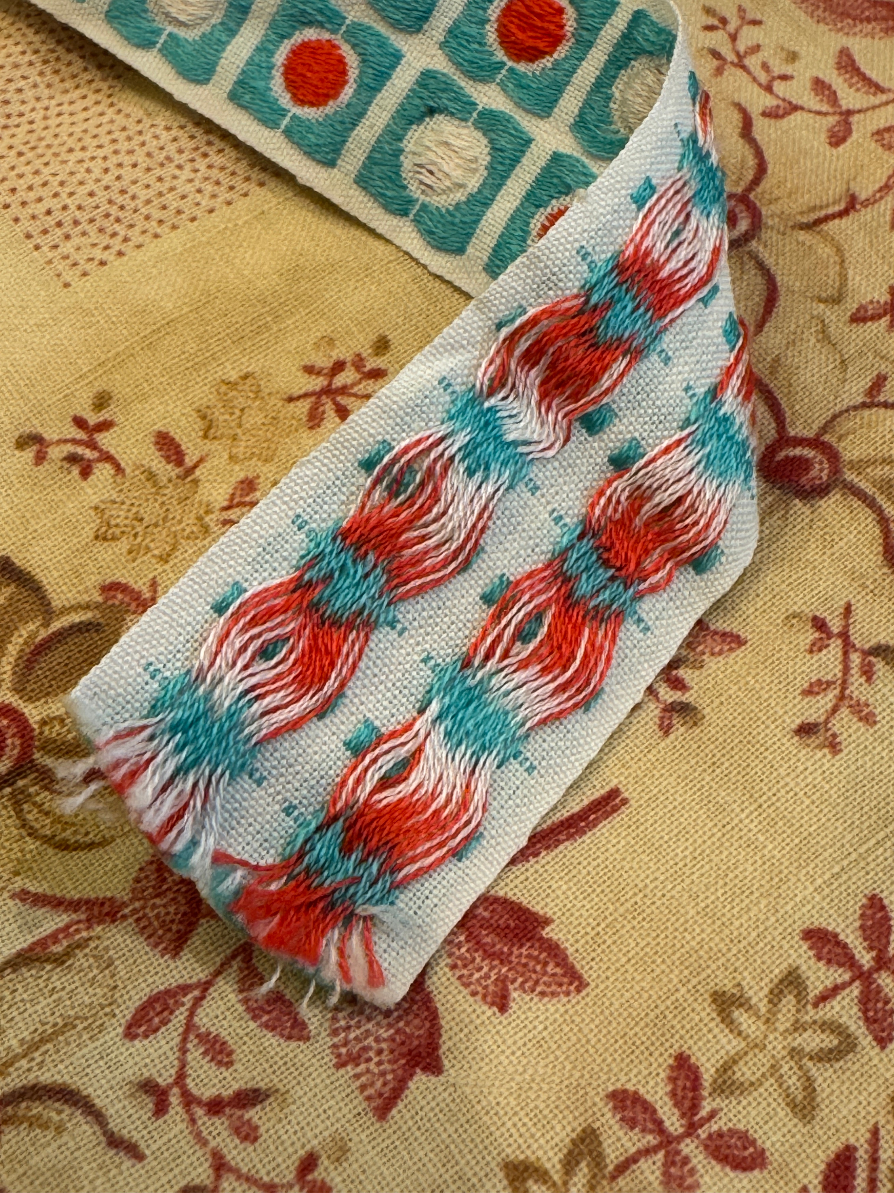 Antique French Embroidered Blue Ribbon Trim