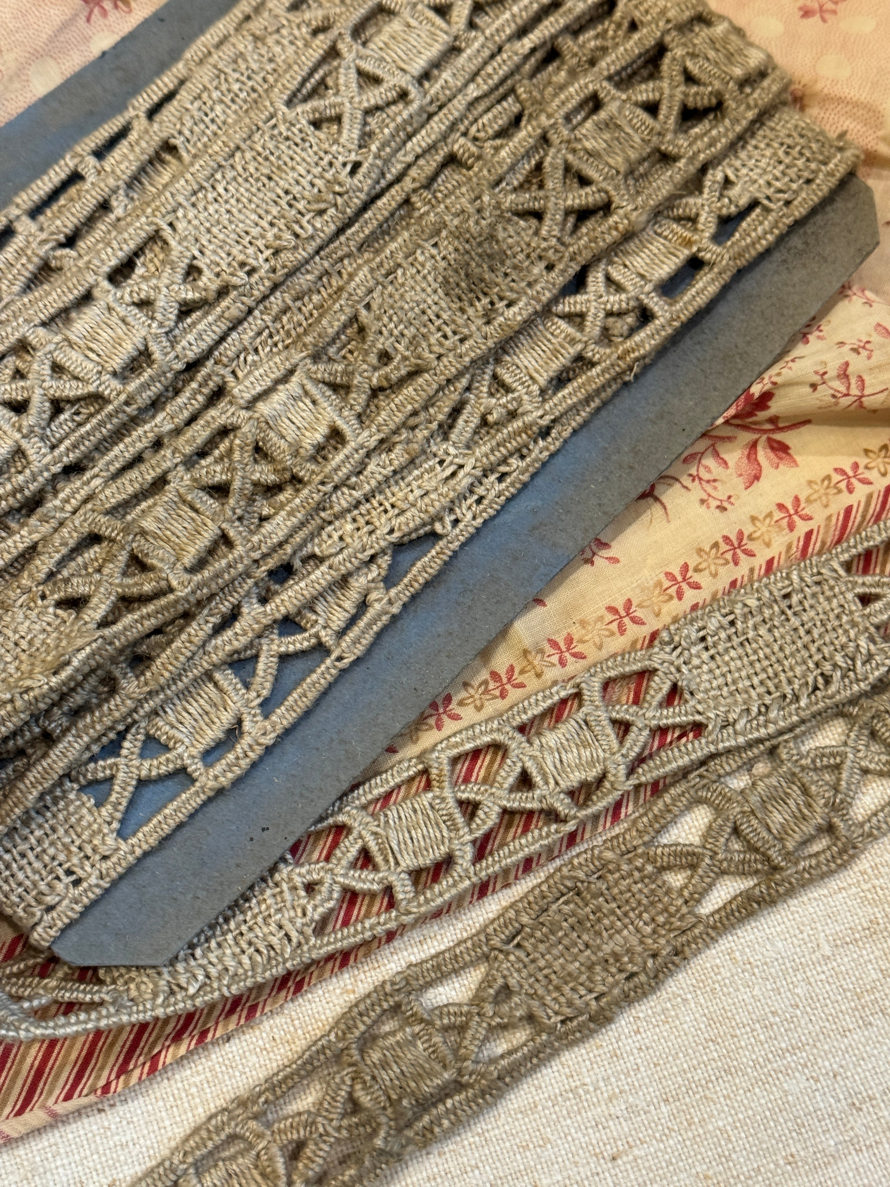 Antique French 1" Wide Handmade Bobbin Hemp Lace