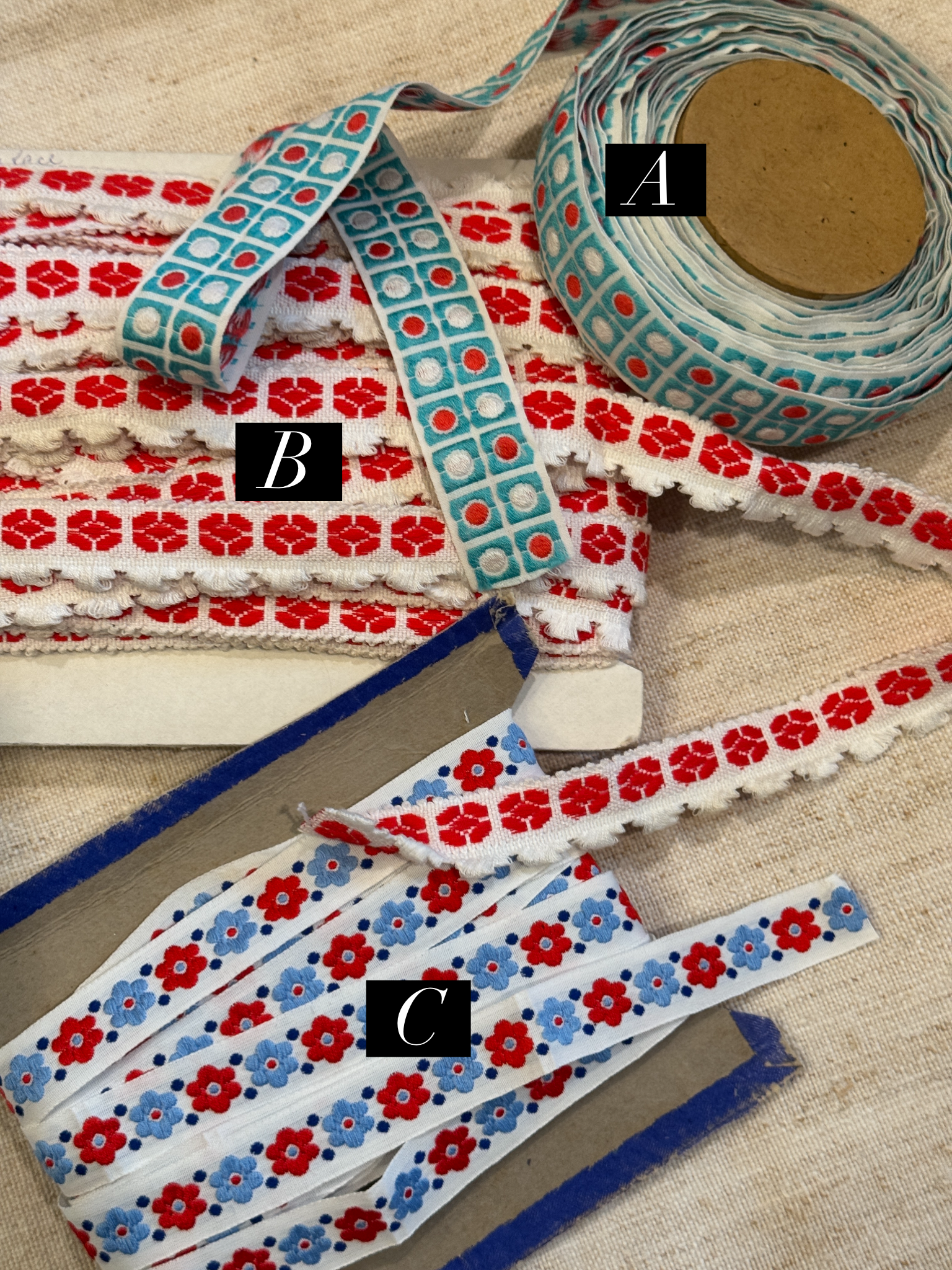 Antique French Embroidered Blue Ribbon Trim