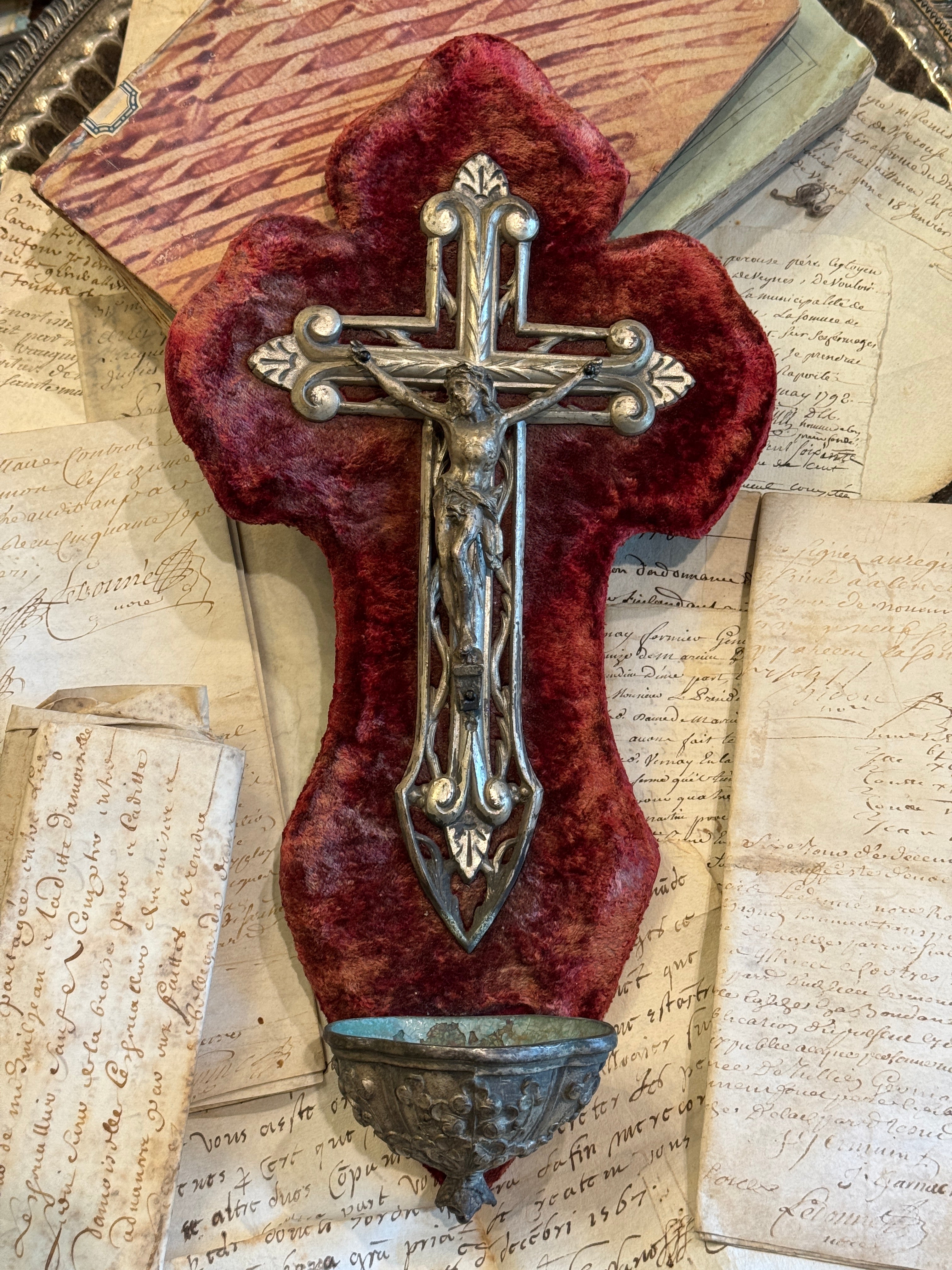 Antique French Crucifix & Holy Water Font - Red Velvet