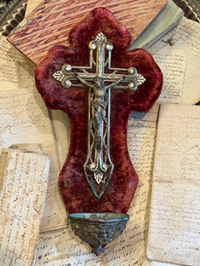 Antique French Crucifix & Holy Water Font - Red Velvet