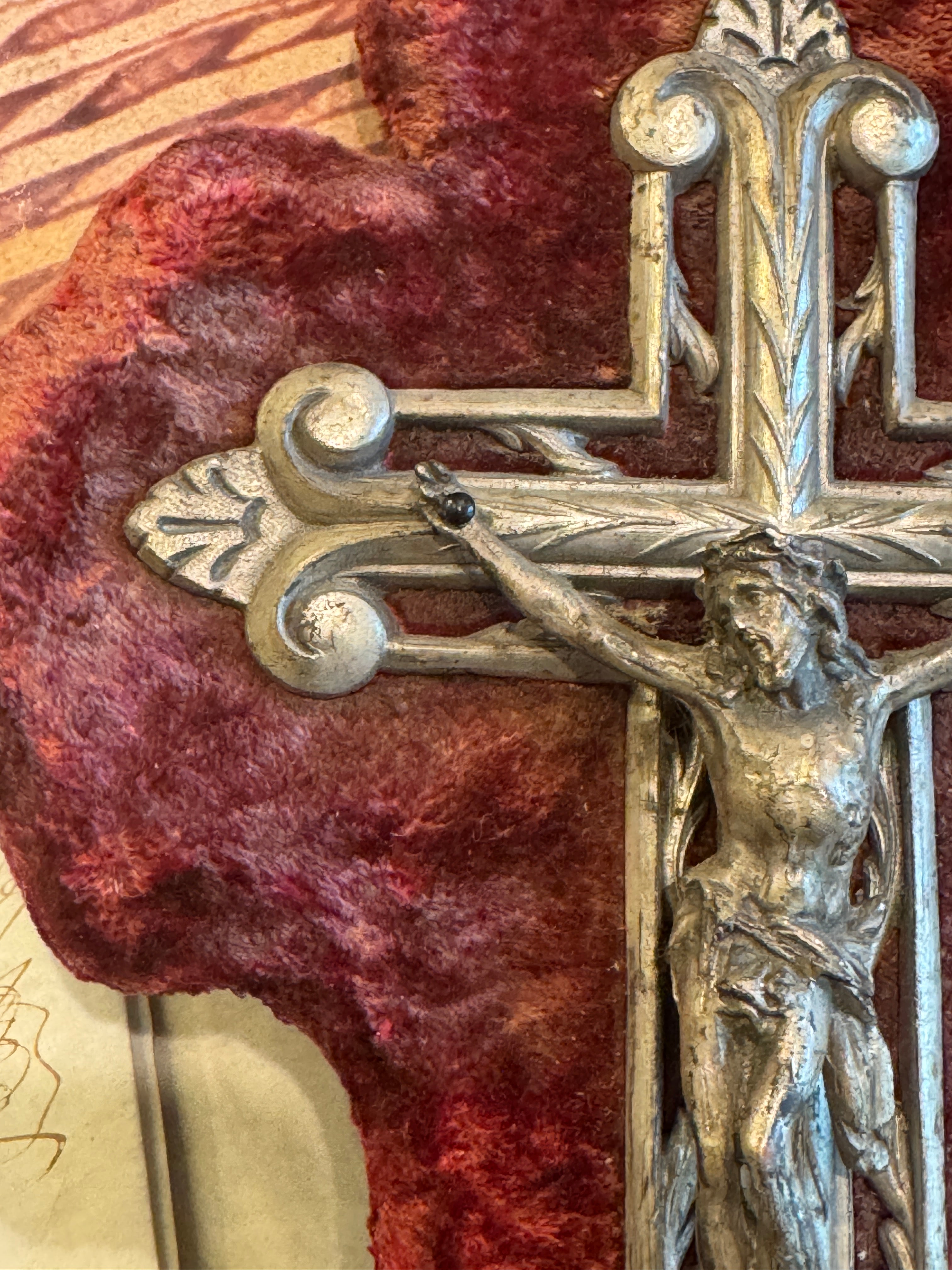 Antique French Crucifix & Holy Water Font - Red Velvet