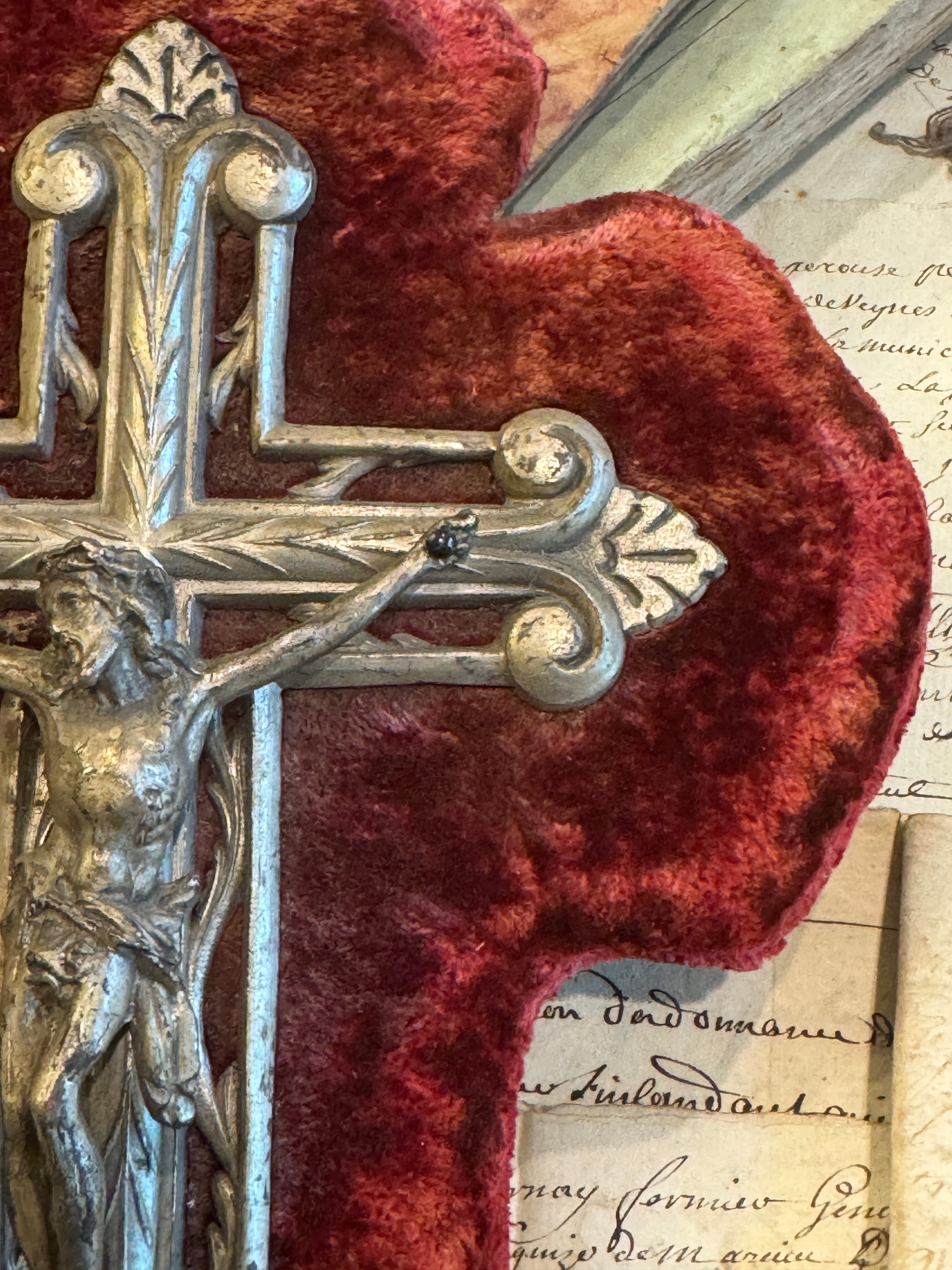 Antique French Crucifix & Holy Water Font - Red Velvet