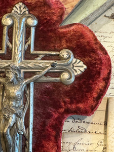 Antique French Crucifix & Holy Water Font - Red Velvet