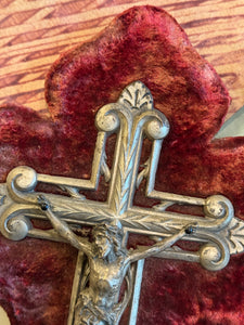 Antique French Crucifix & Holy Water Font - Red Velvet