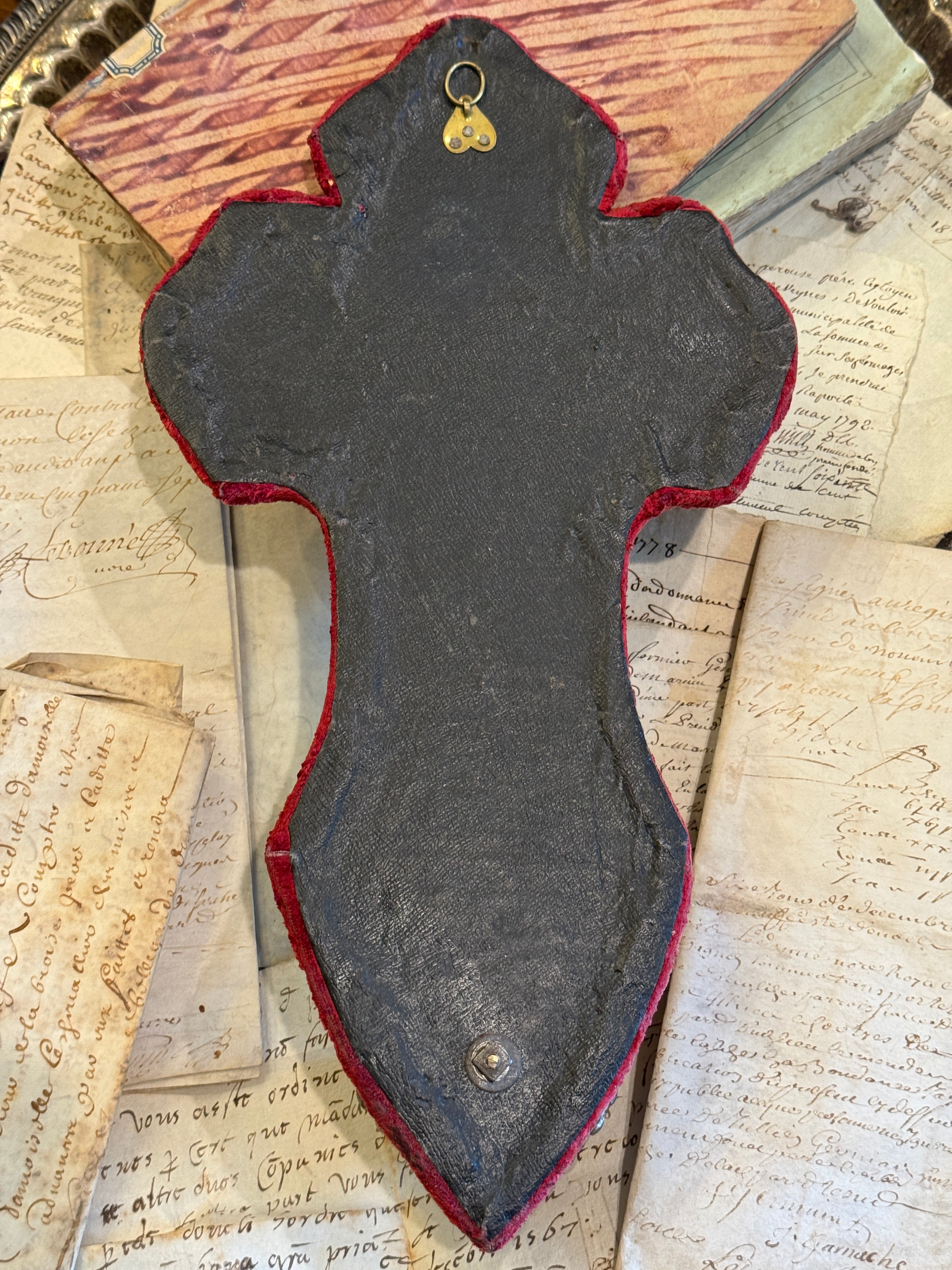 Antique French Crucifix & Holy Water Font - Red Velvet