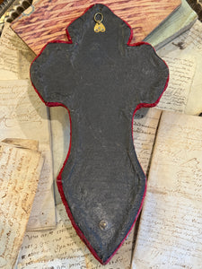 Antique French Crucifix & Holy Water Font - Red Velvet