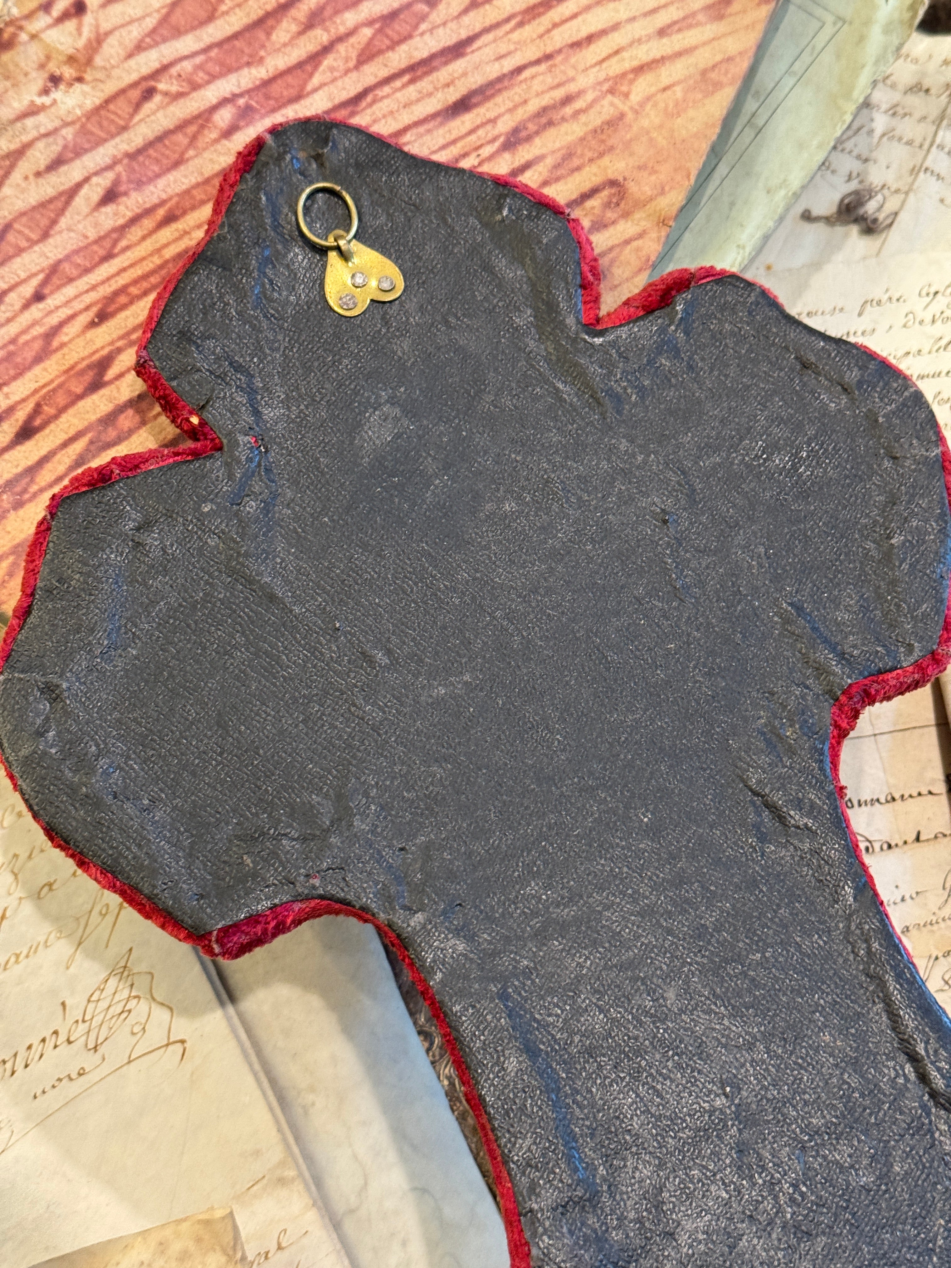Antique French Crucifix & Holy Water Font - Red Velvet