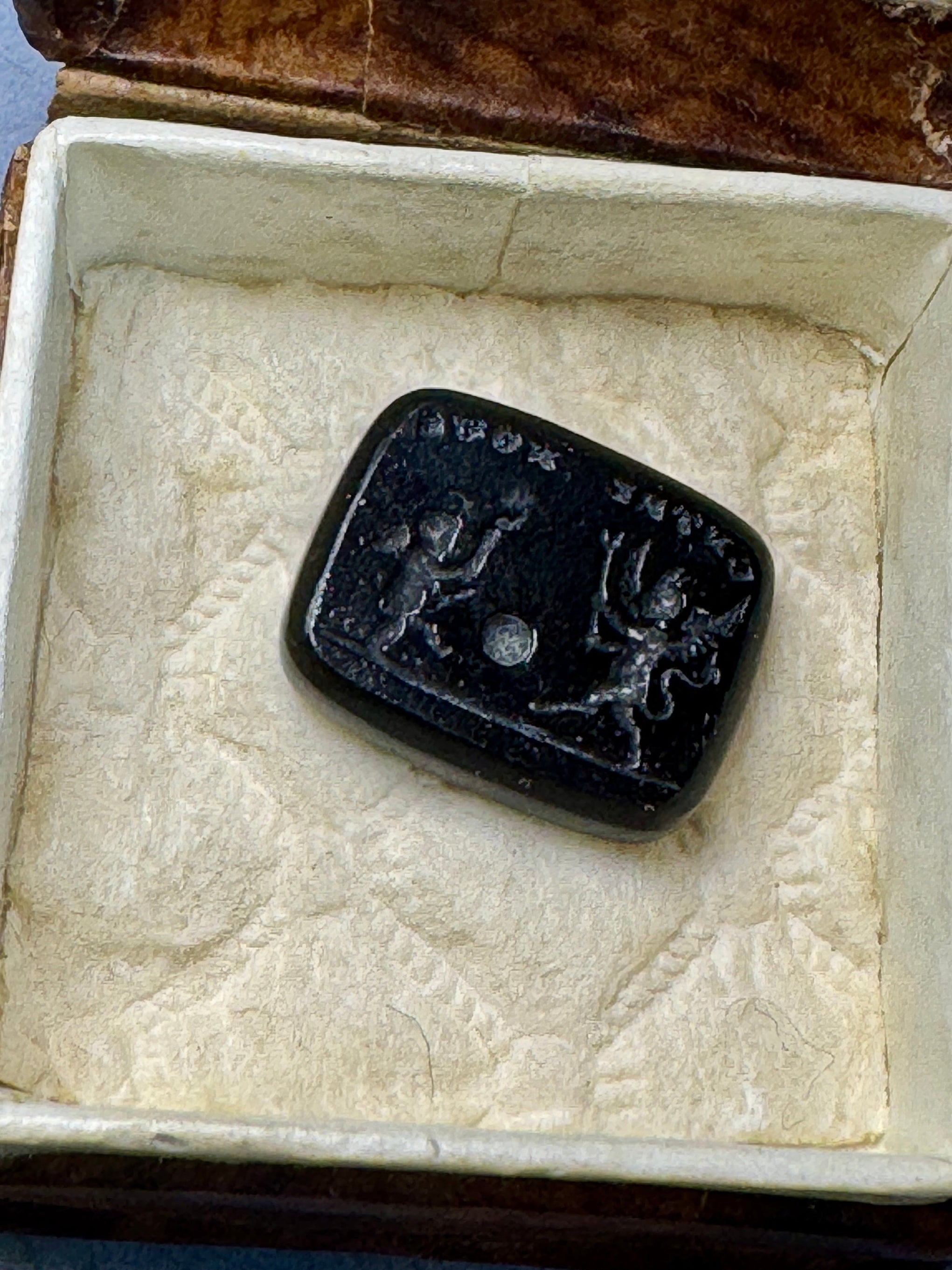 Antique Black Glass Intaglio Seal Of The Devil And Cupid