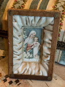 Antique French Our Lady of The Sacred Heart Framed Reliquary