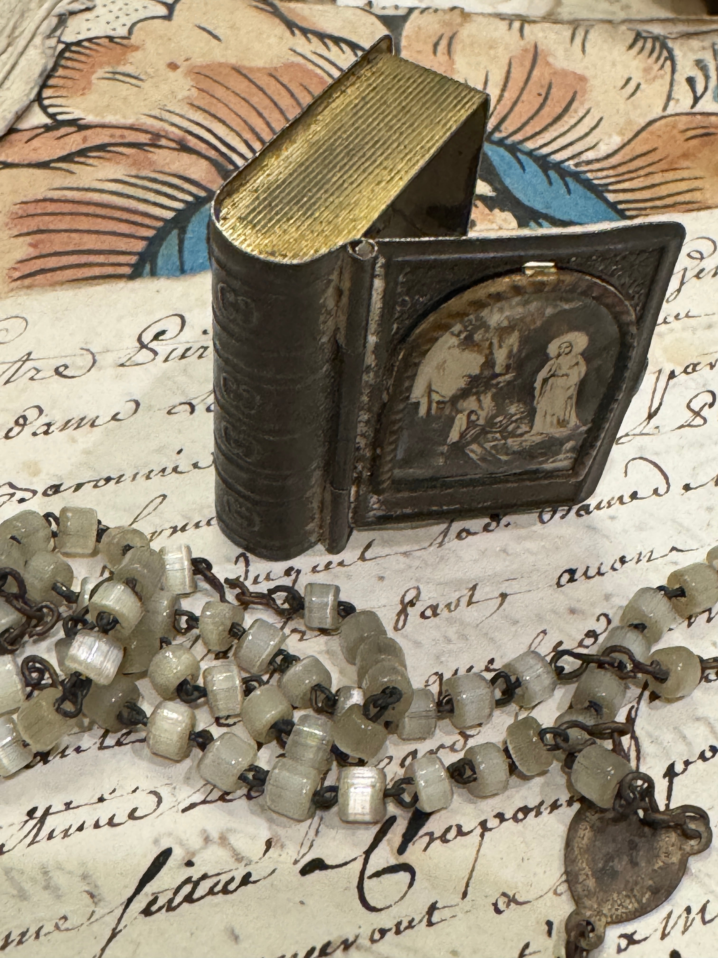 RARE Antique Catholic Rosary in a Silver Tin Box from Lourdes France