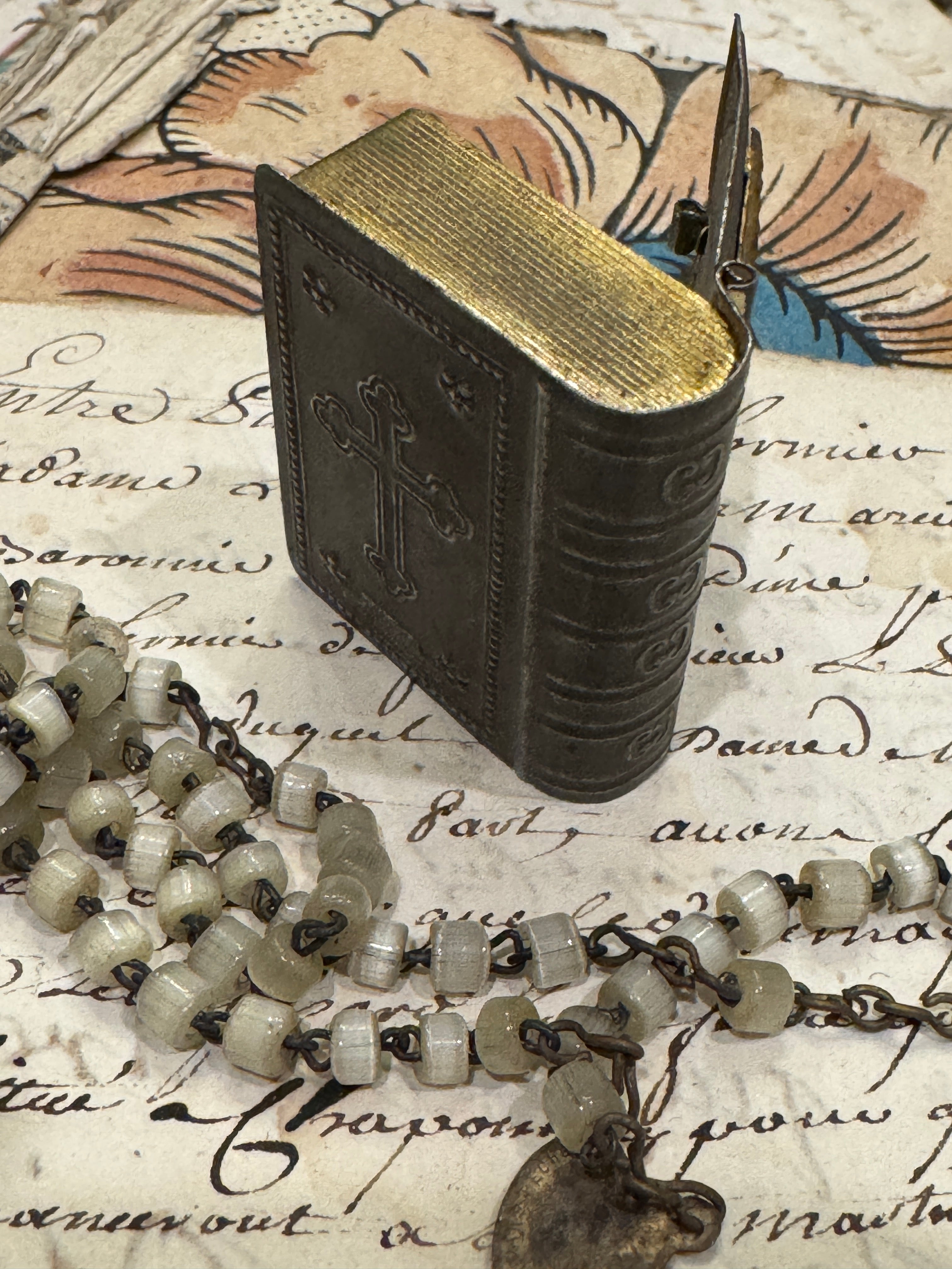 RARE Antique Catholic Rosary in a Silver Tin Box from Lourdes France