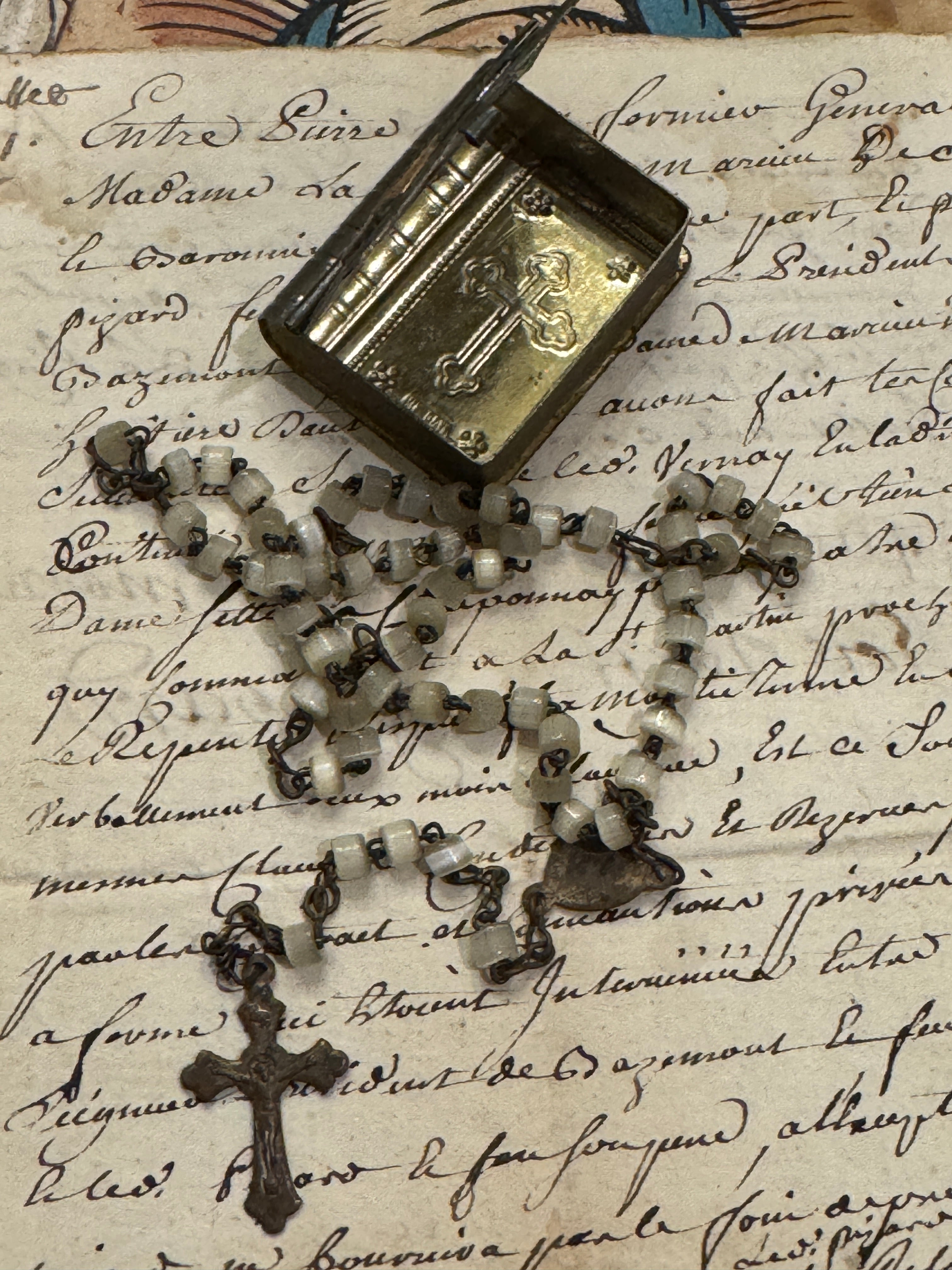 RARE Antique Catholic Rosary in a Silver Tin Box from Lourdes France