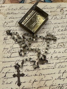 RARE Antique Catholic Rosary in a Silver Tin Box from Lourdes France
