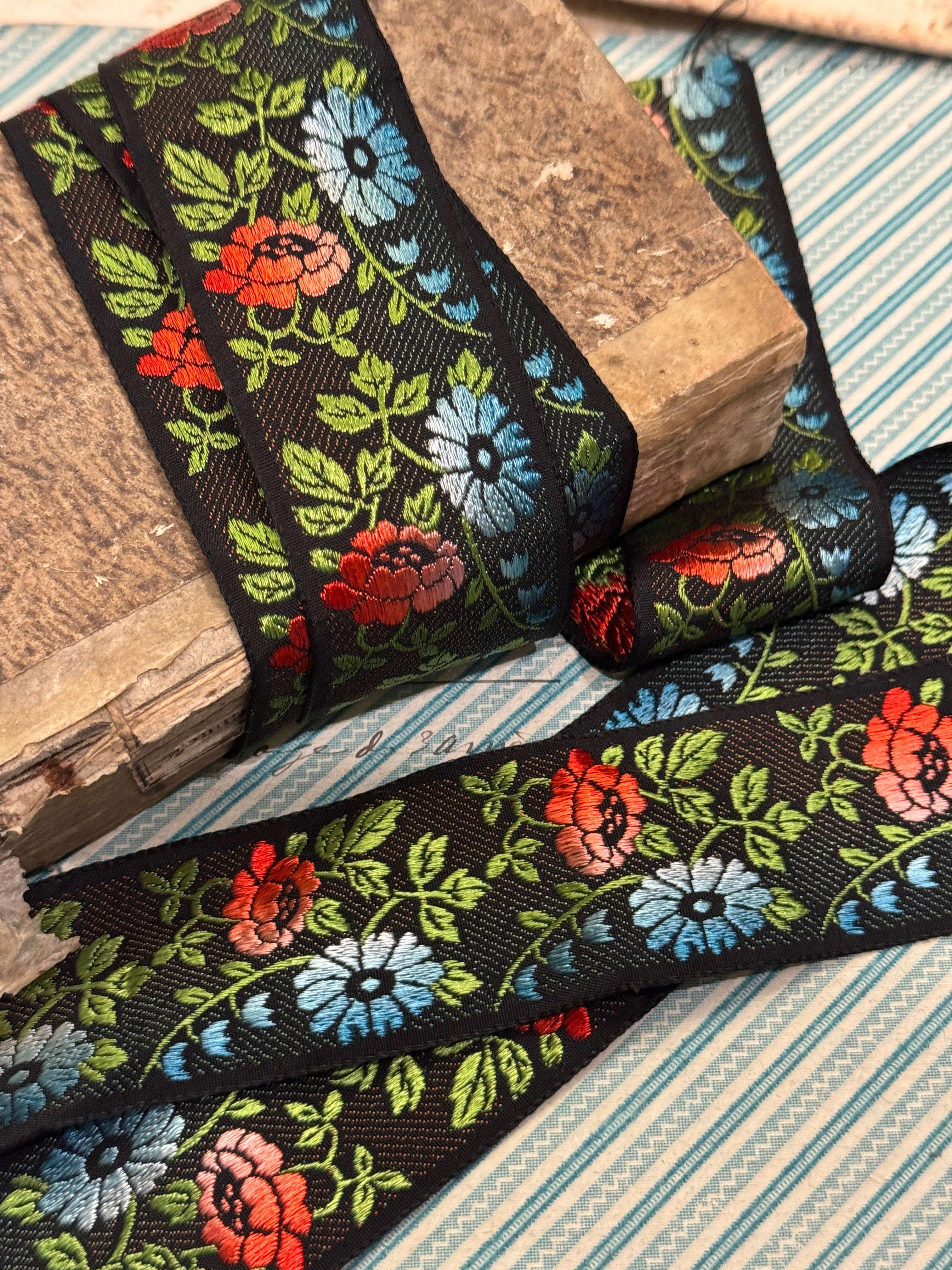Vintage French Embroidered Floral Silk Ribbon