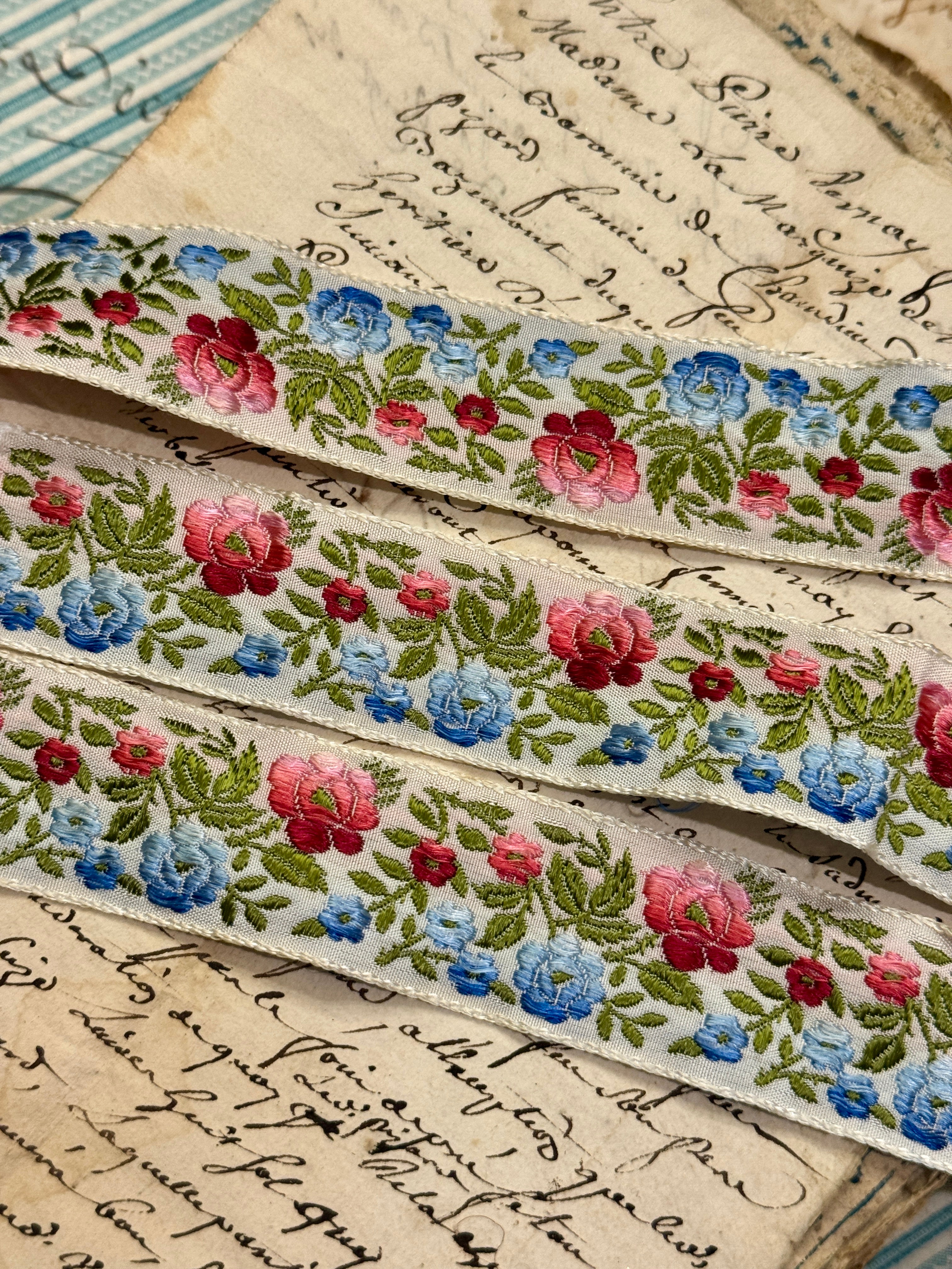 Vintage French Embroidered Floral Silk Ribbon