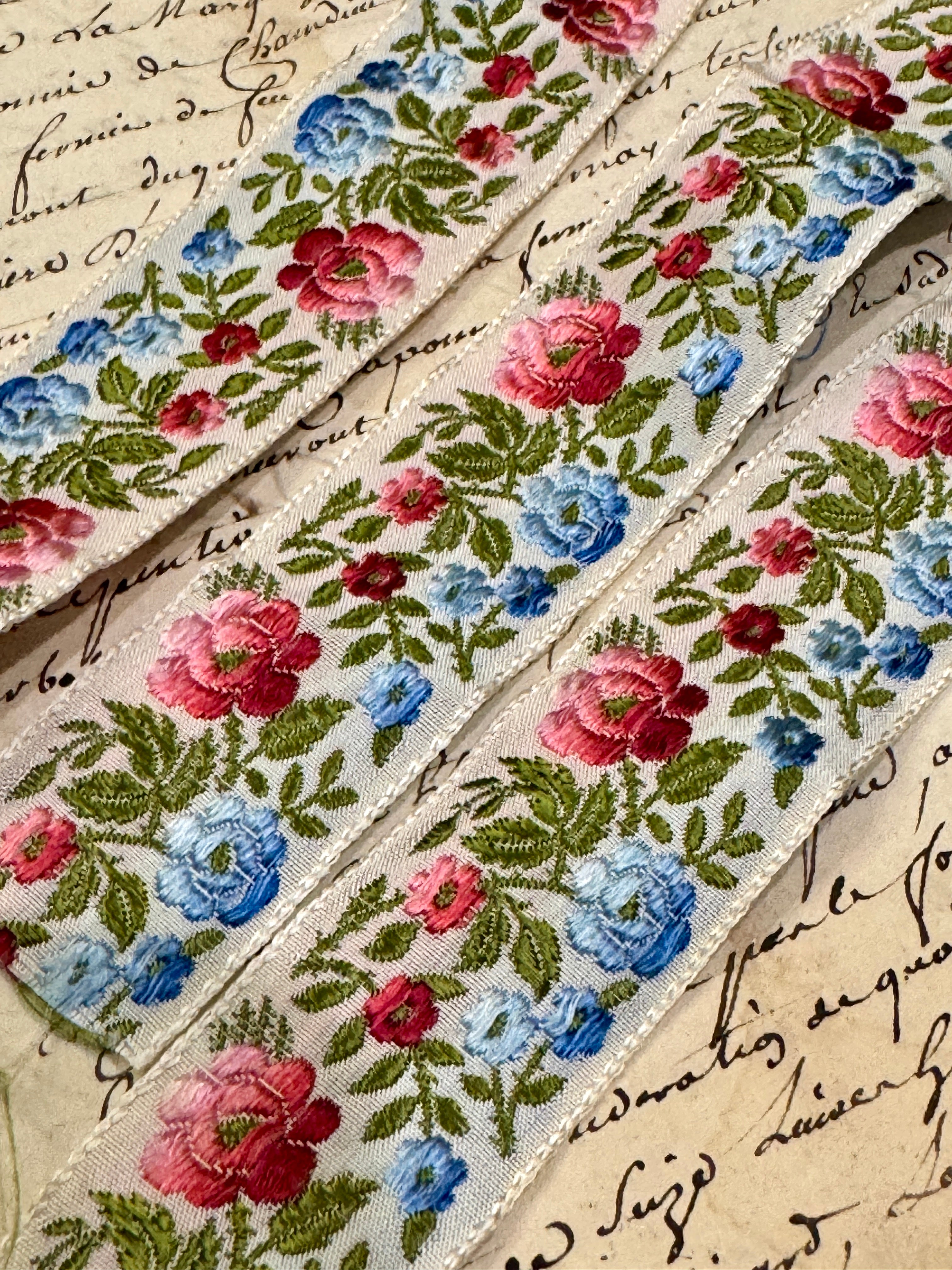 Vintage French Embroidered Floral Silk Ribbon