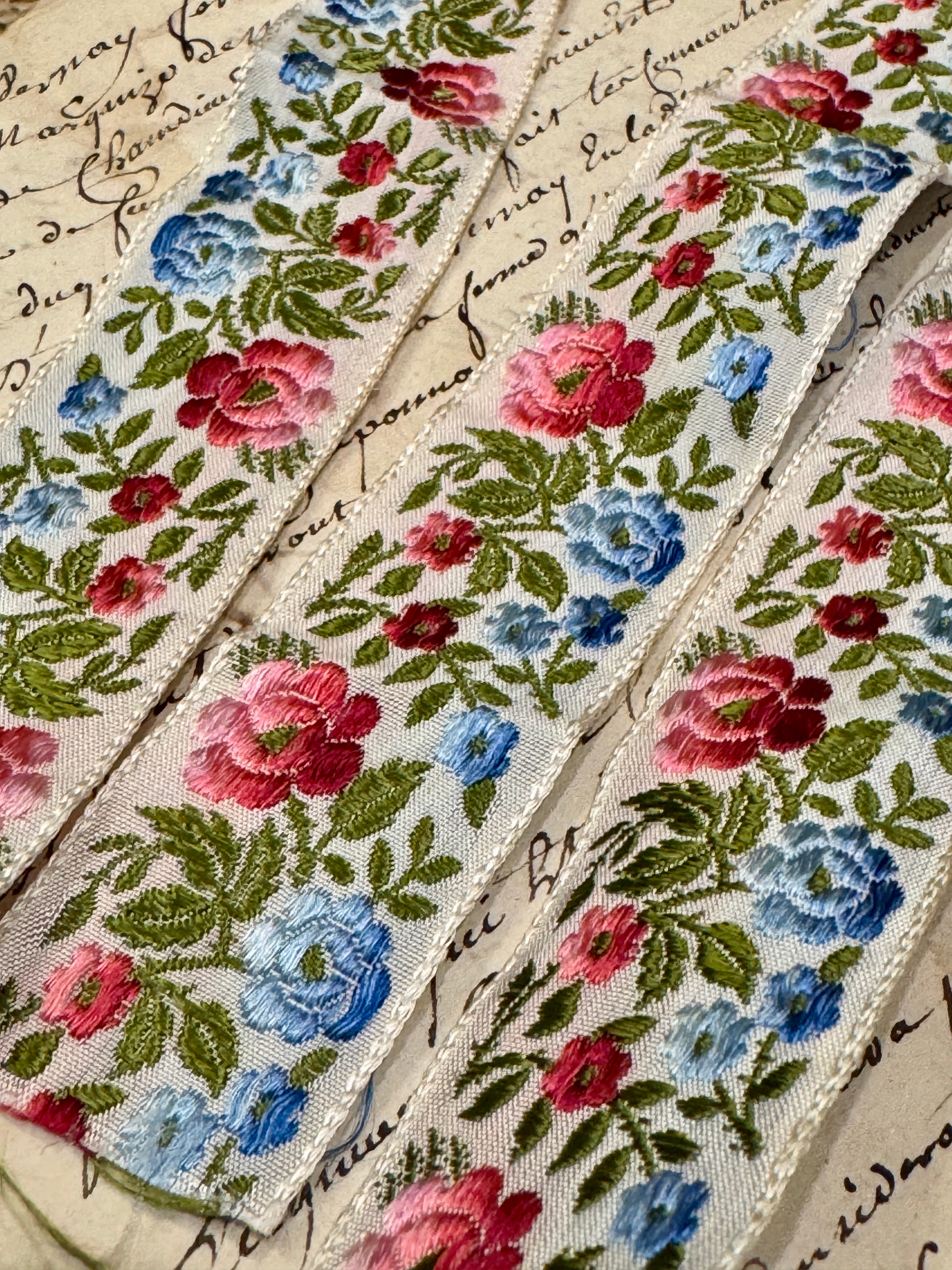 Vintage French Embroidered Floral Silk Ribbon