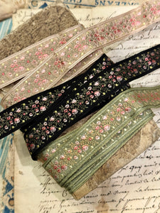 Vintage French Embroidered Floral Silk Ribbon