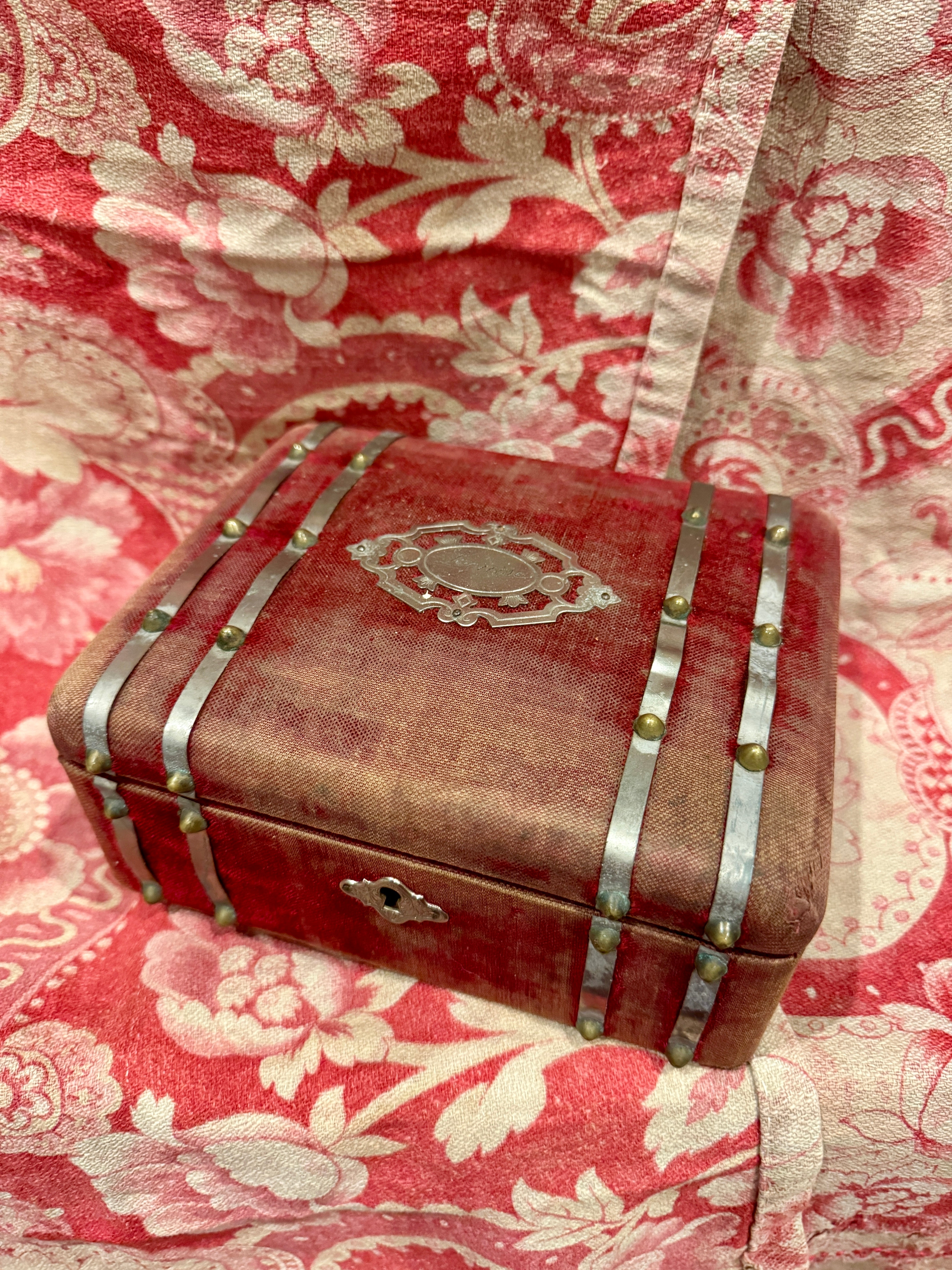 1800s Antique French Red Velvet Jewelry/Sewing Box