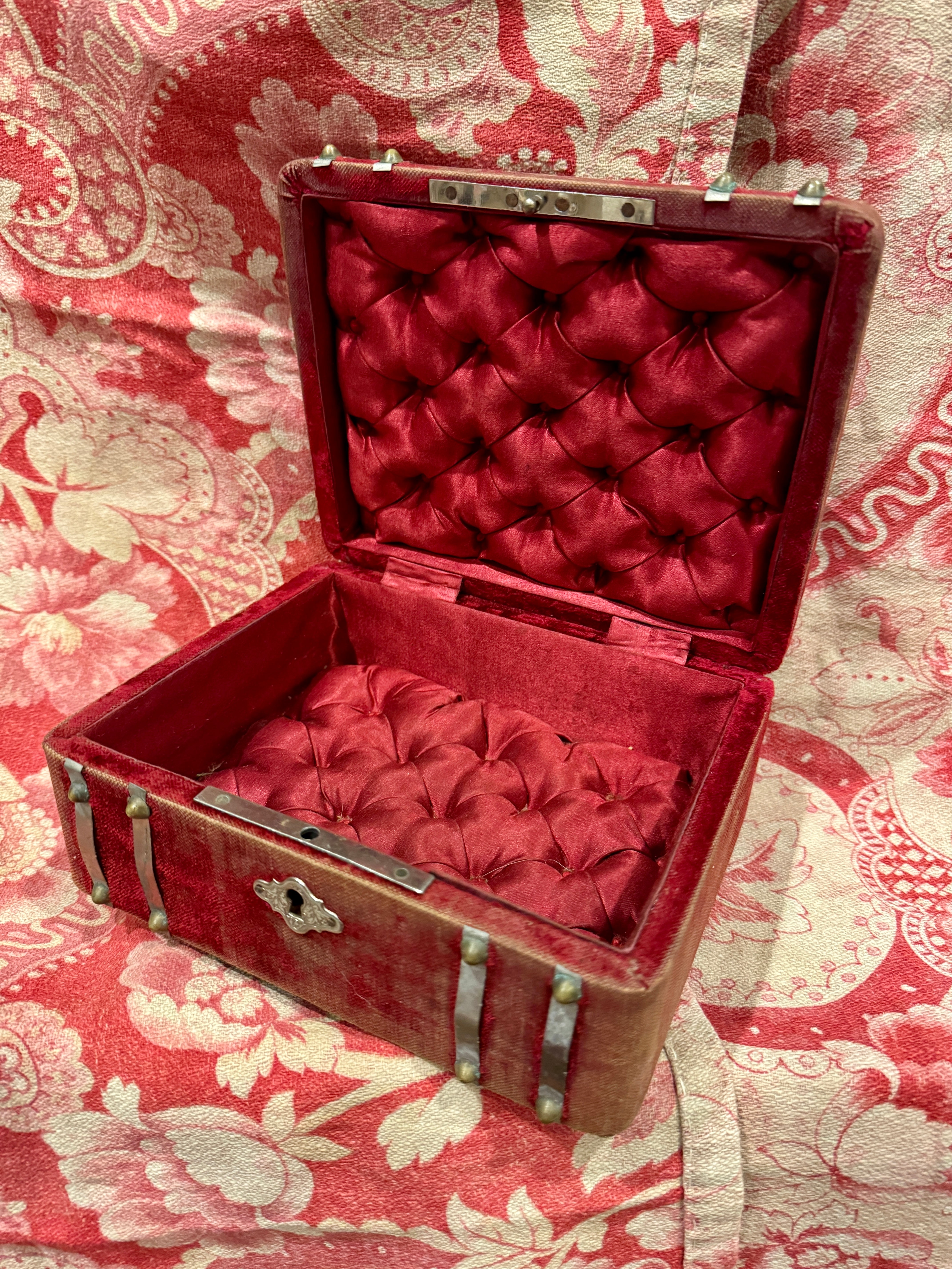 1800s Antique French Red Velvet Jewelry/Sewing Box