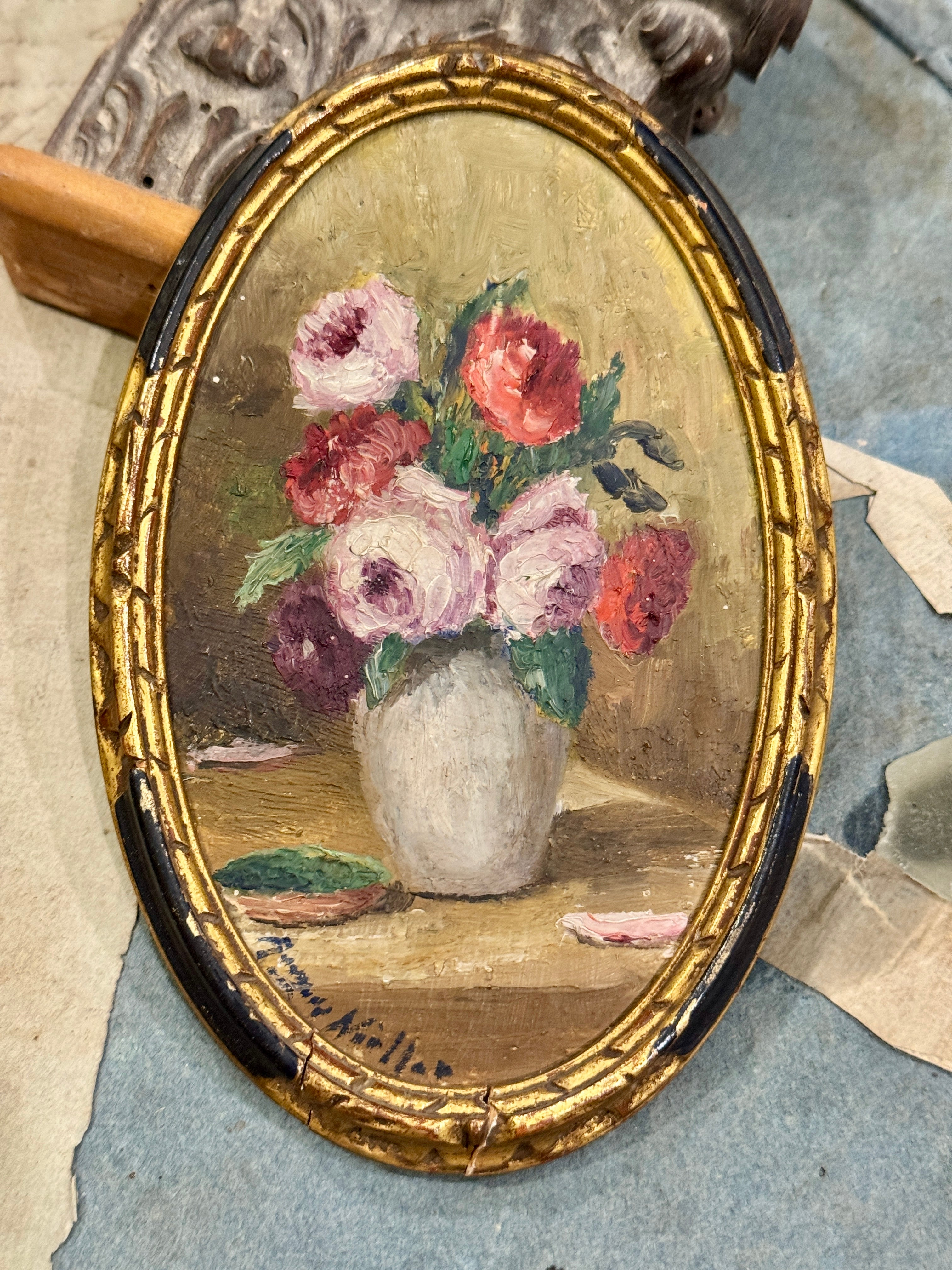 Lovely Antique French Miniature Oval Oil Painting