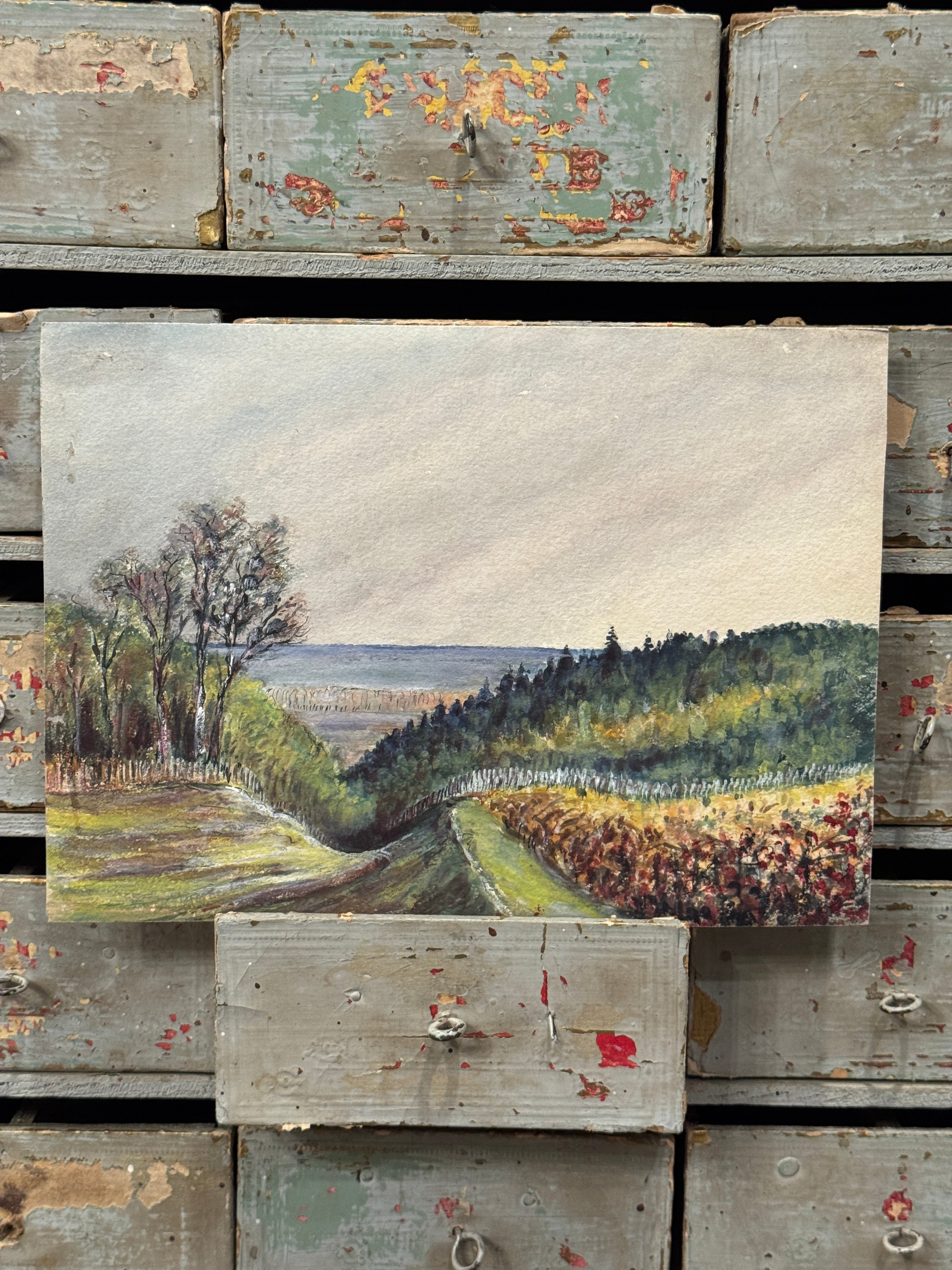 Antique Original 1885 French Watercolor of Vernon