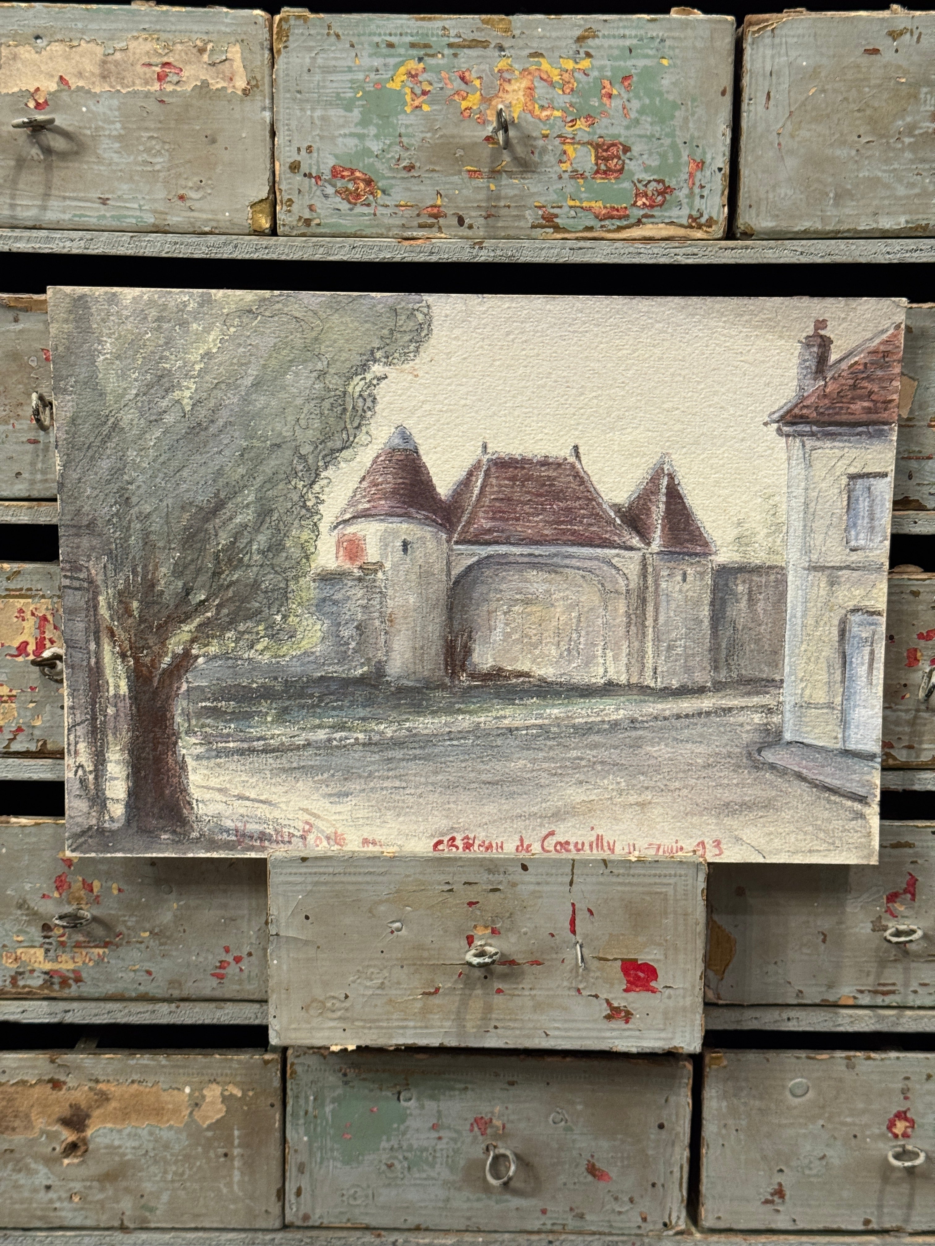 Antique Original 1893 French Watercolor of Château de Coeuilly
