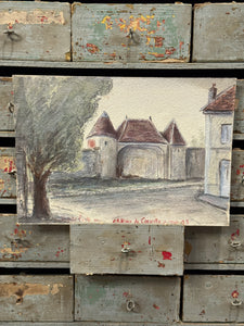 Antique Original 1893 French Watercolor of Château de Coeuilly