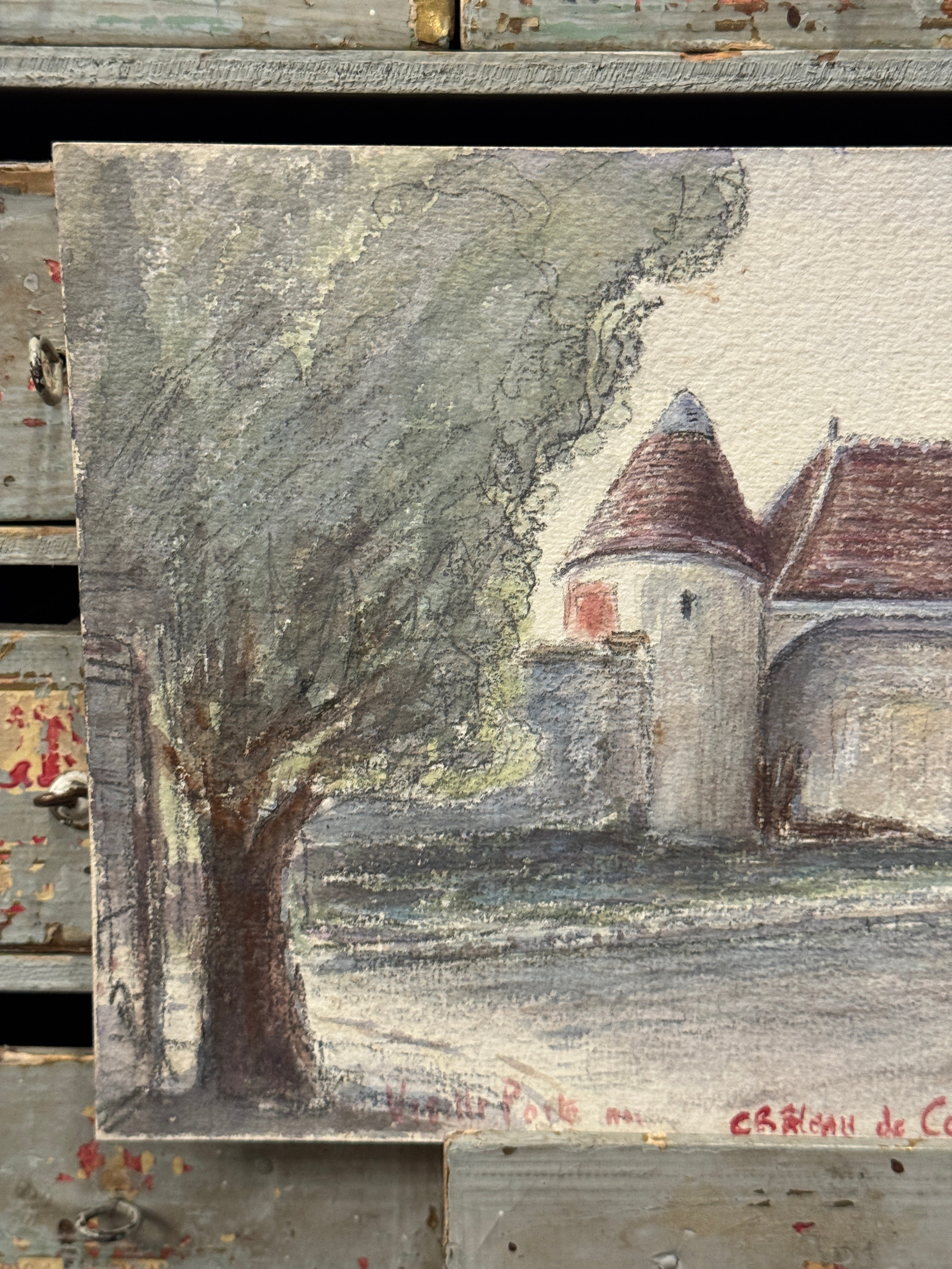 Antique Original 1893 French Watercolor of Château de Coeuilly