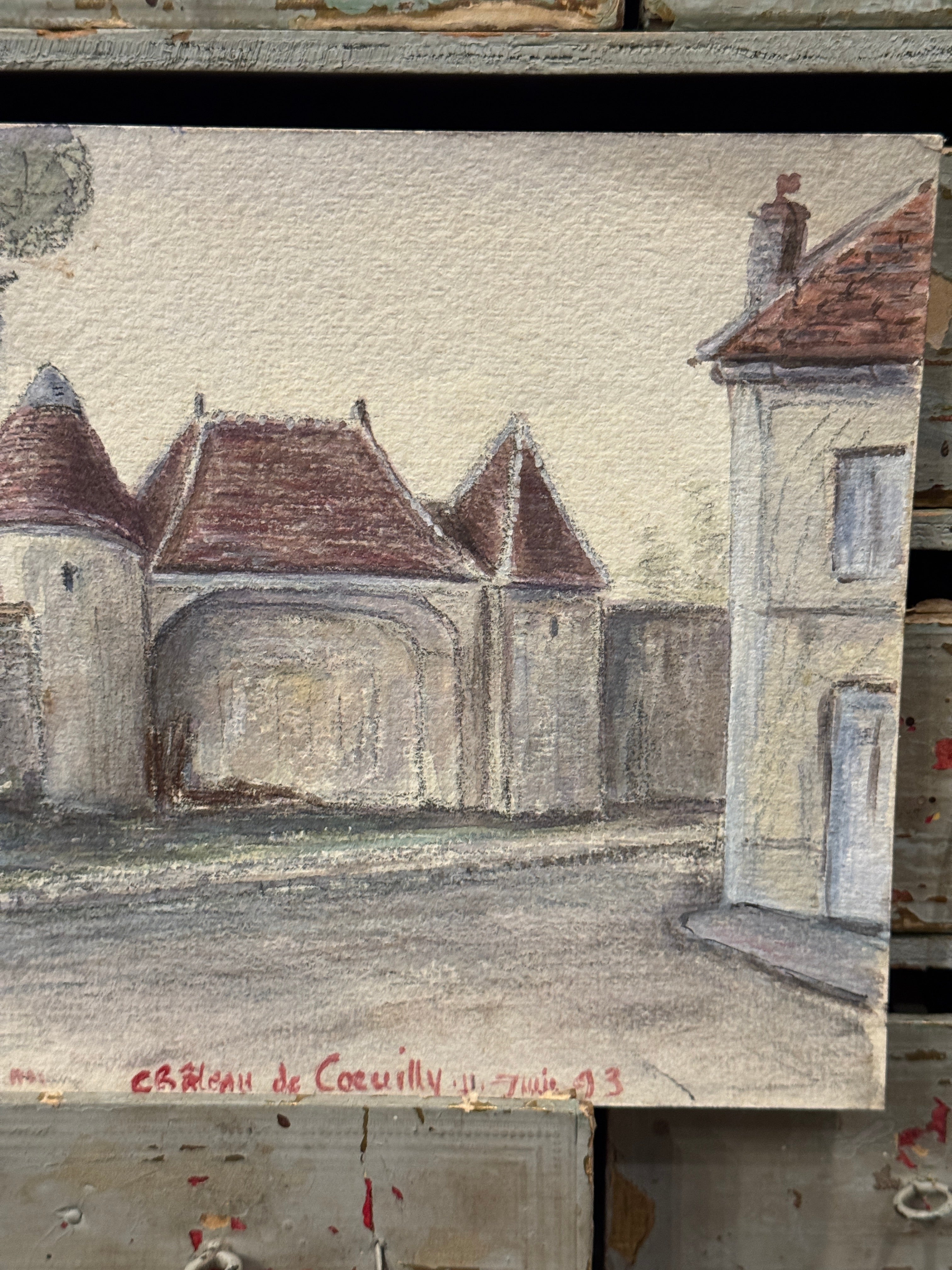 Antique Original 1893 French Watercolor of Château de Coeuilly