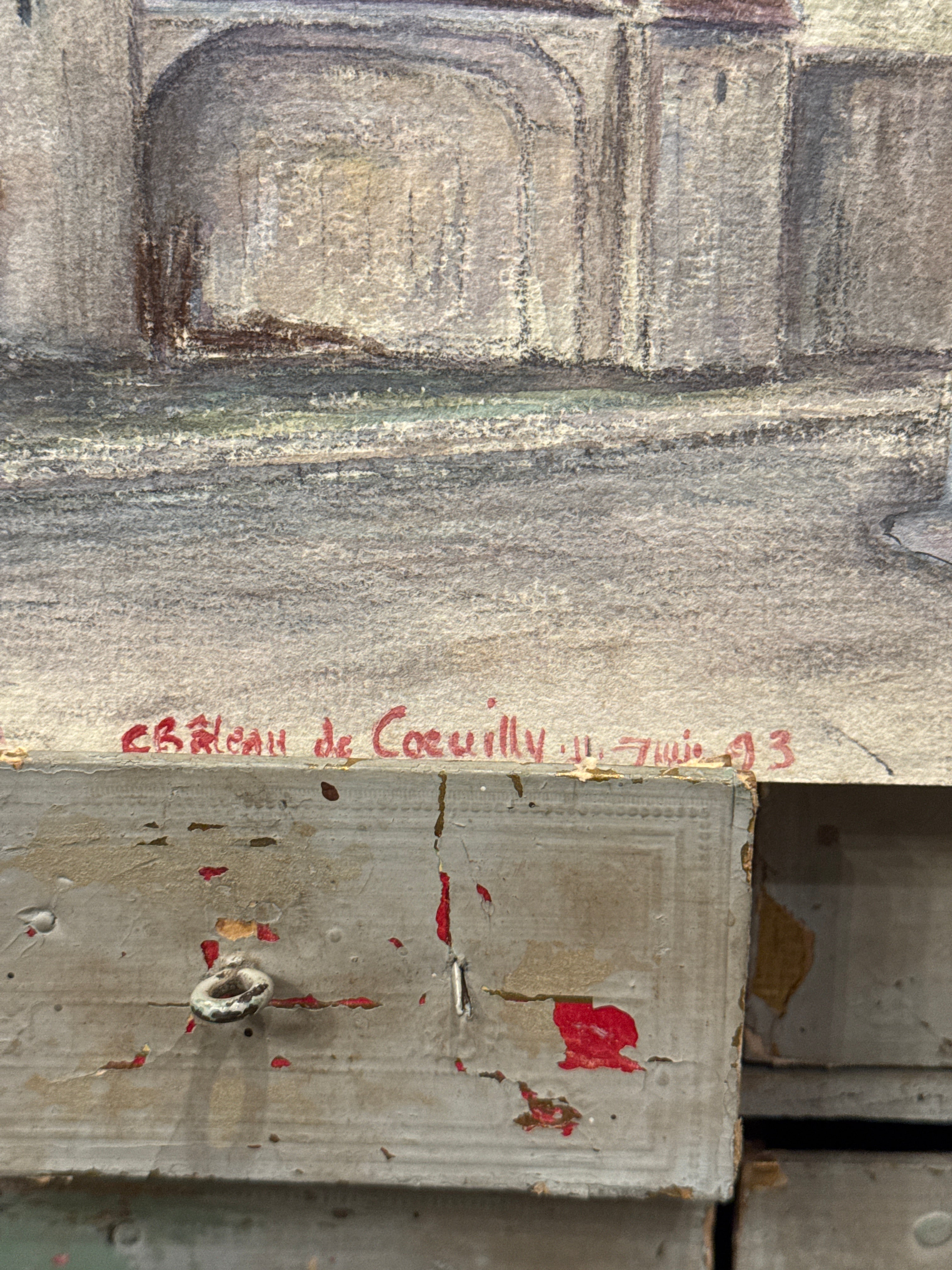 Antique Original 1893 French Watercolor of Château de Coeuilly