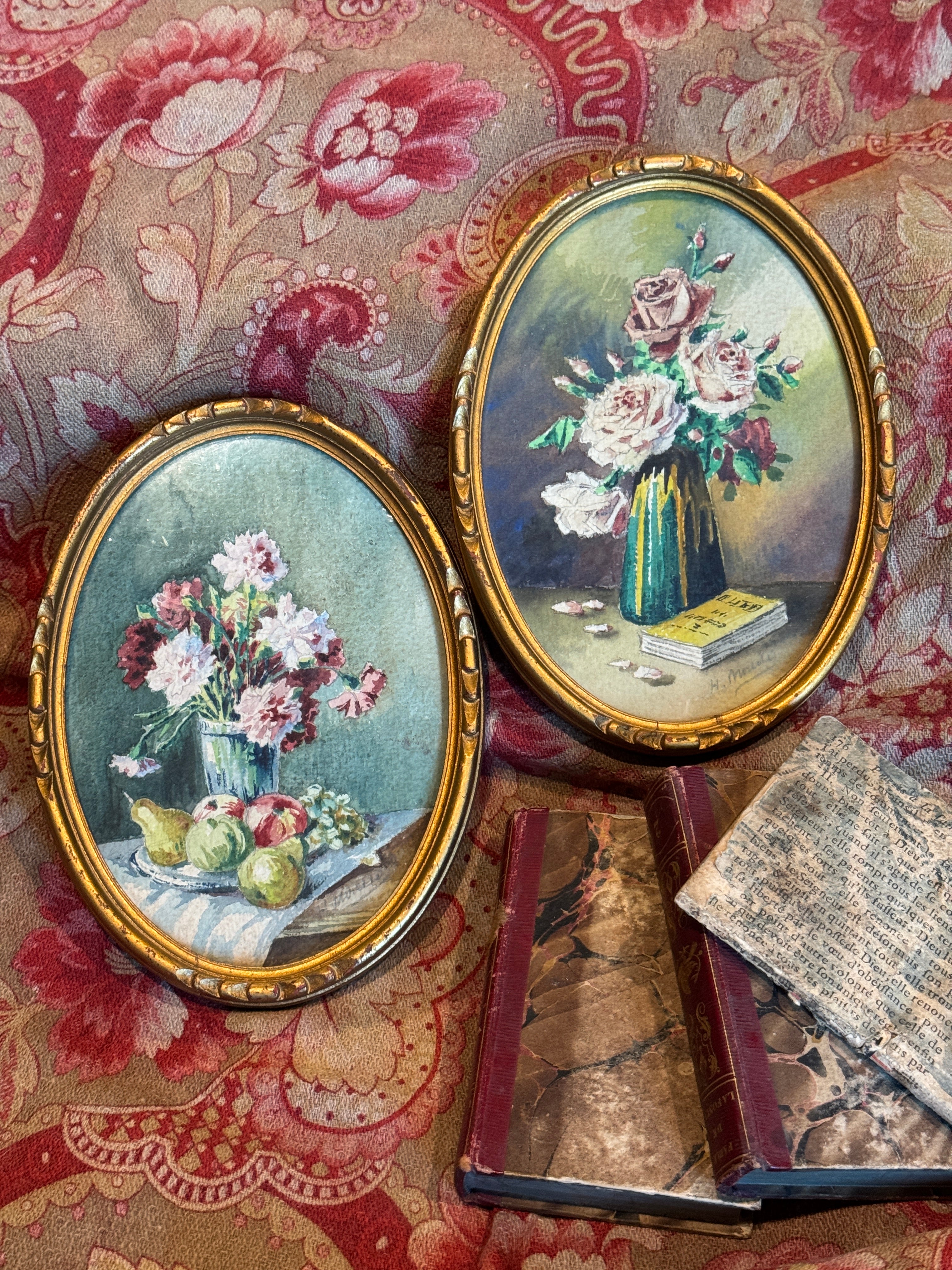 Antique French Framed Oval watercolor Florals