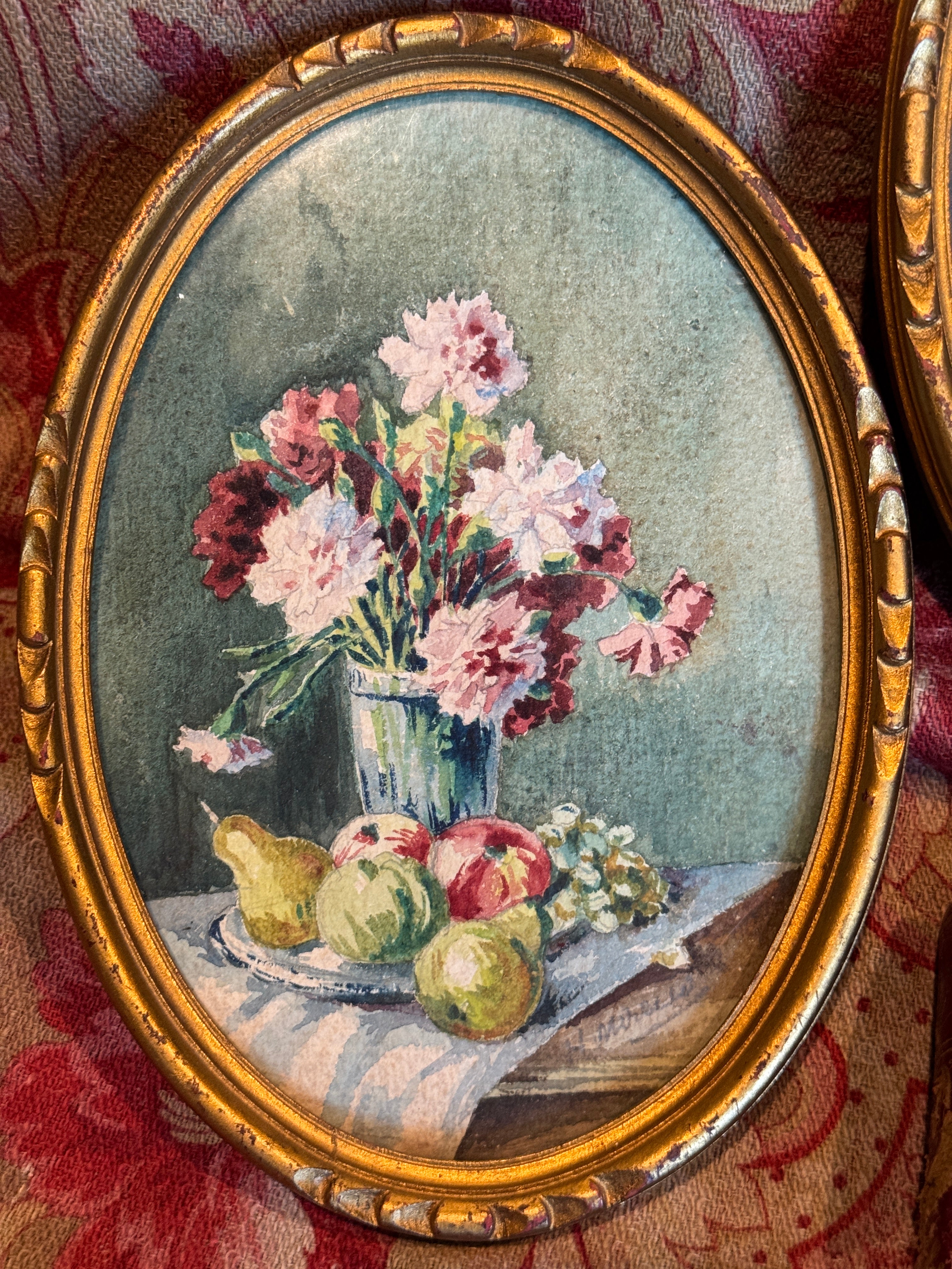 Antique French Framed Oval watercolor Florals
