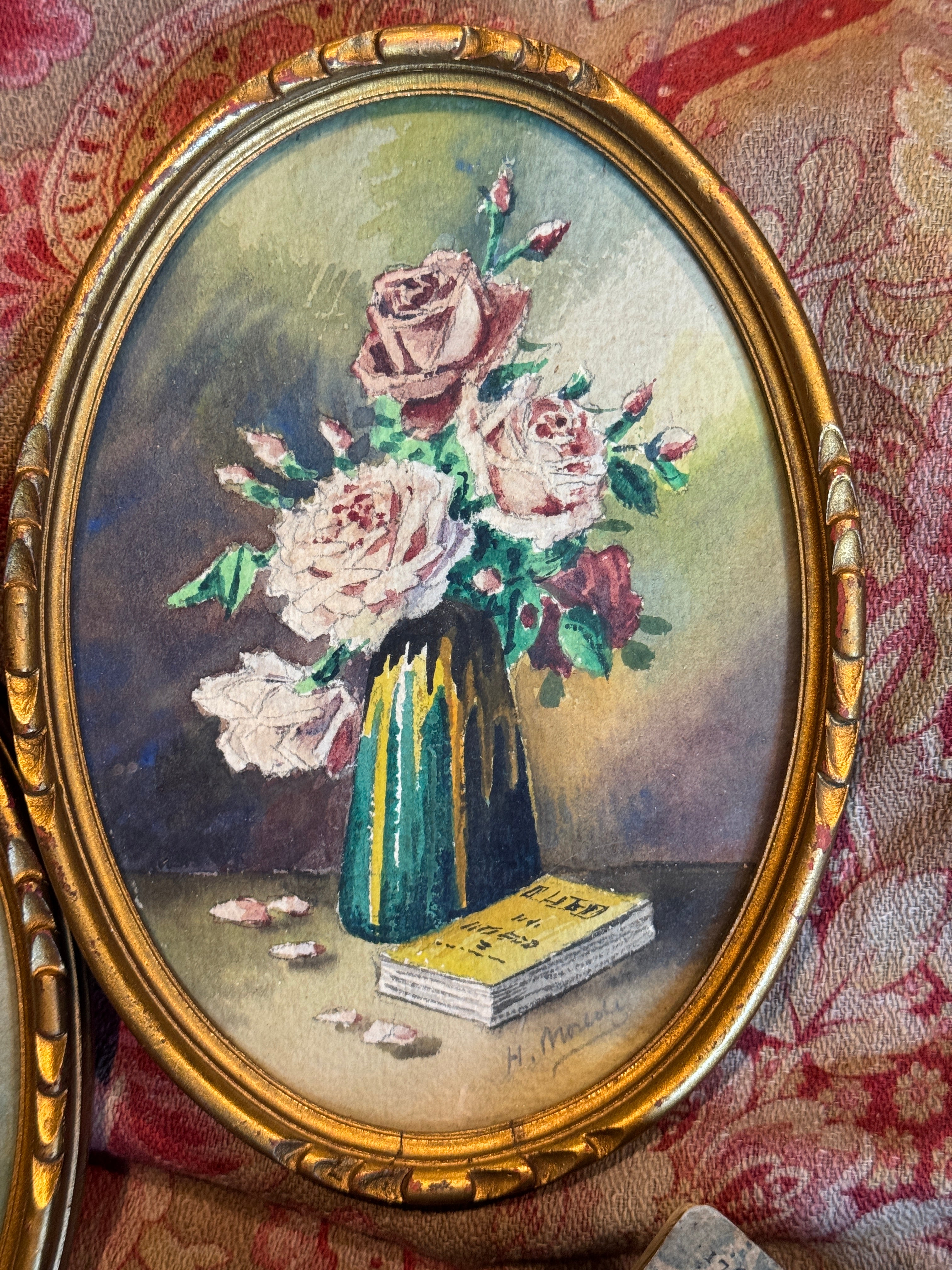 Antique French Framed Oval watercolor Florals