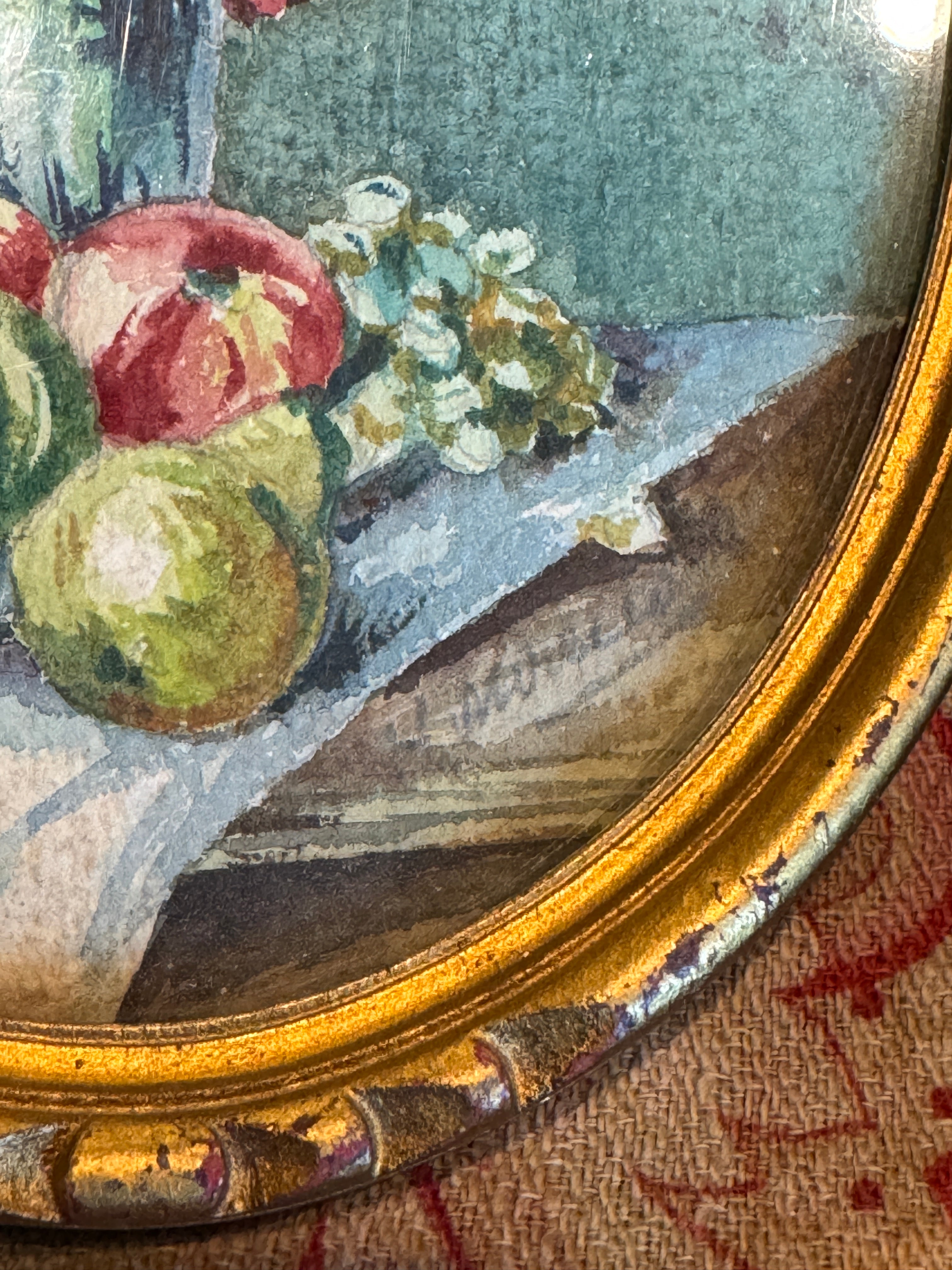 Antique French Framed Oval watercolor Florals