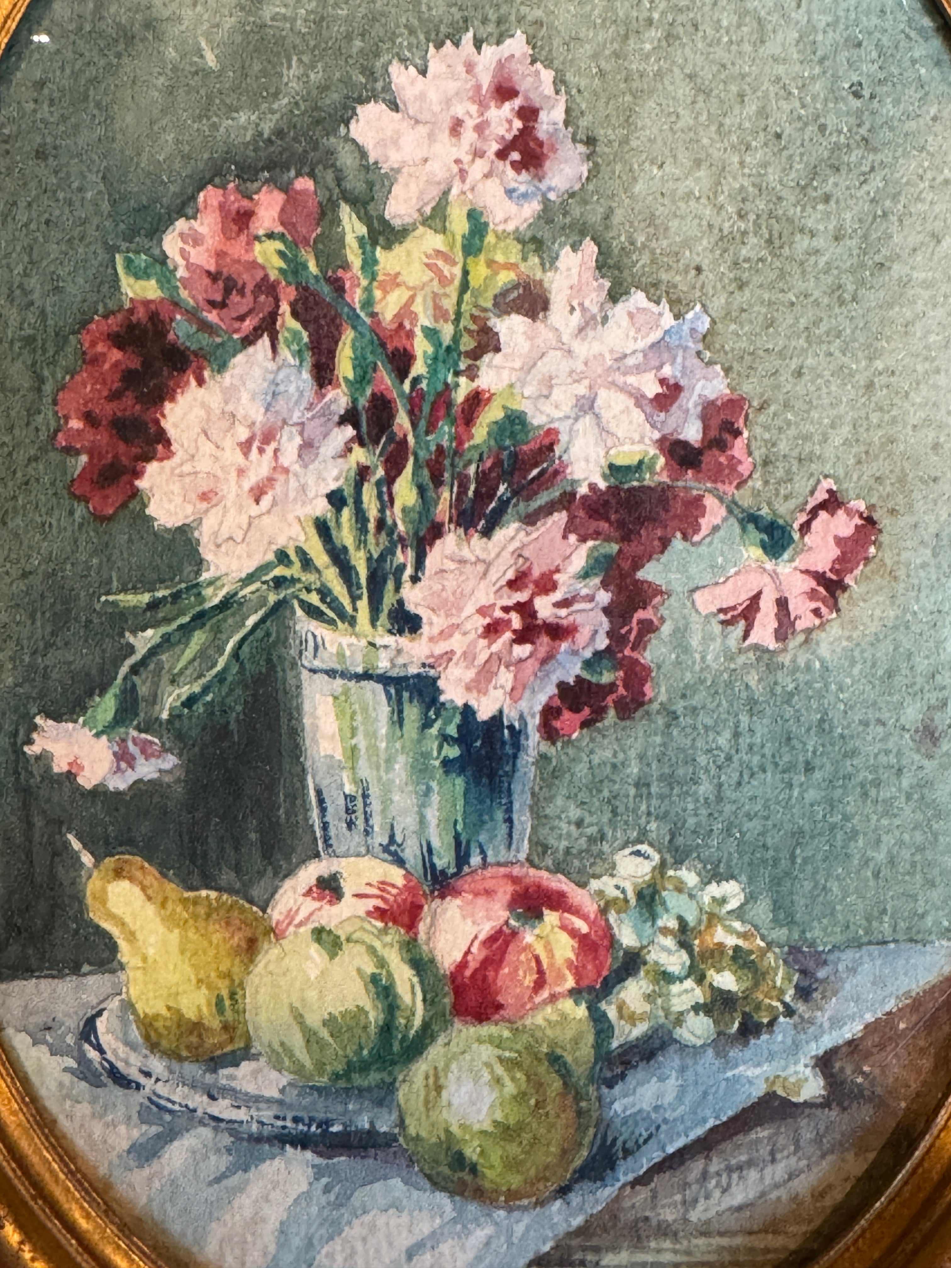 Antique French Framed Oval watercolor Florals