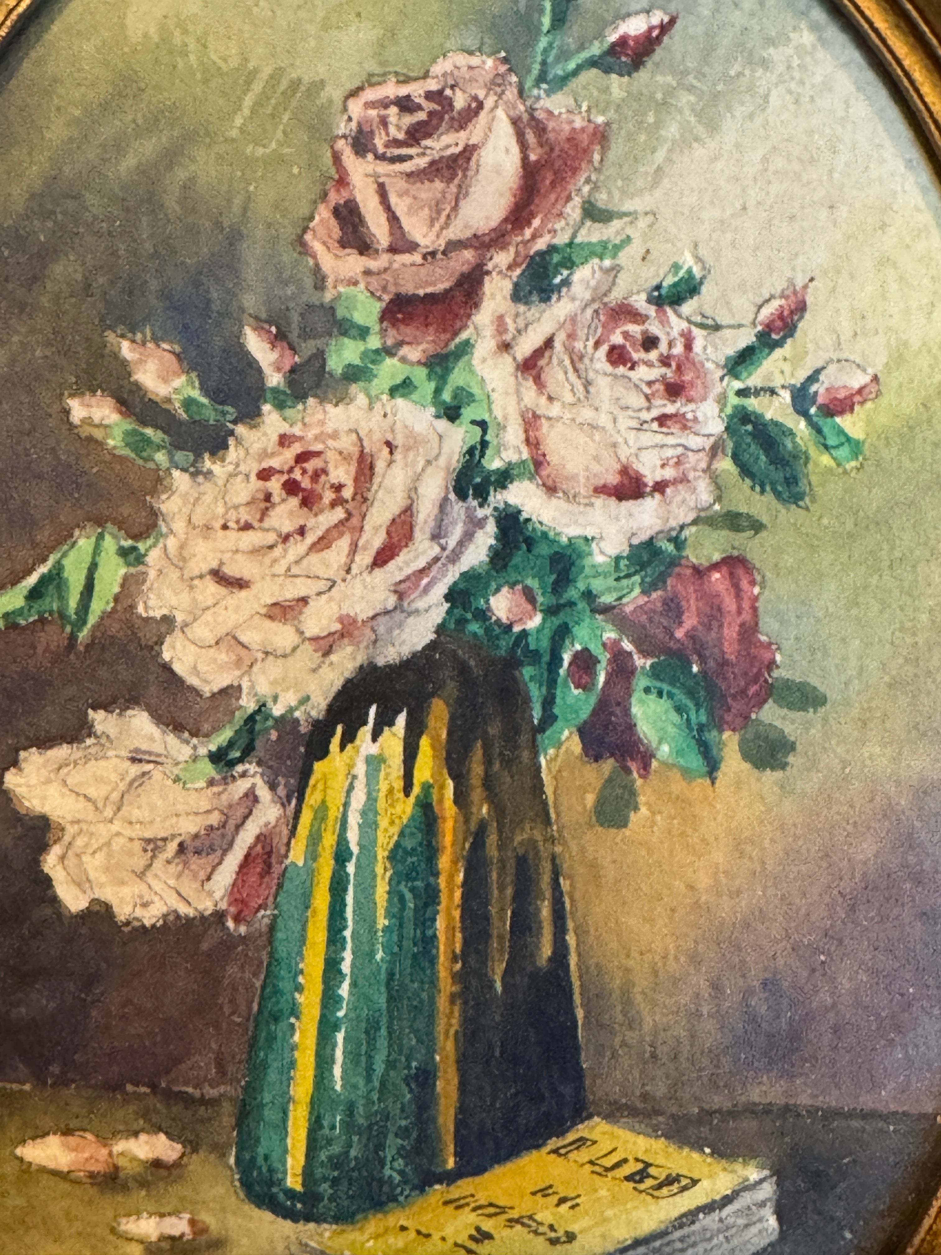 Antique French Framed Oval watercolor Florals