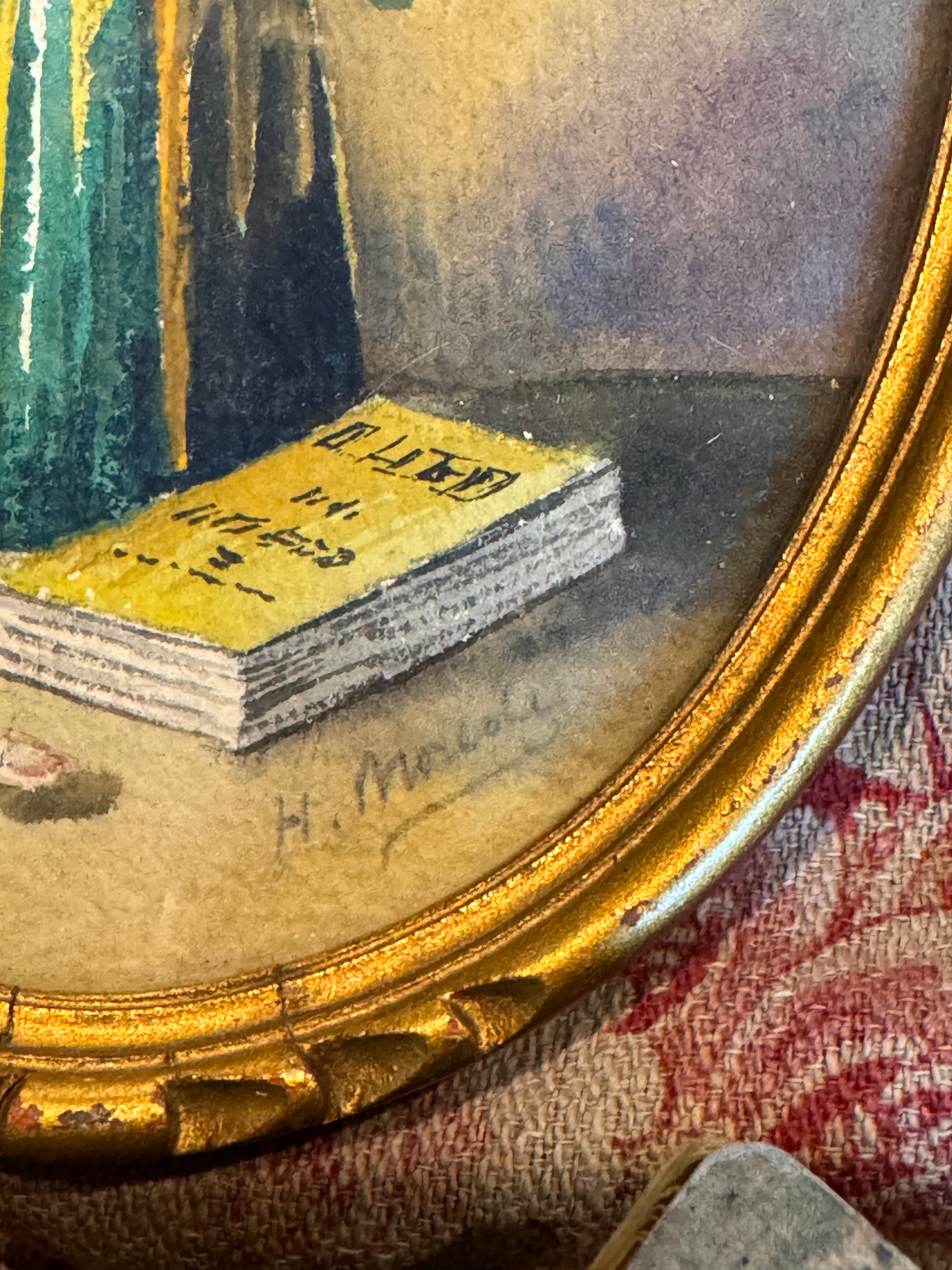 Antique French Framed Oval watercolor Florals