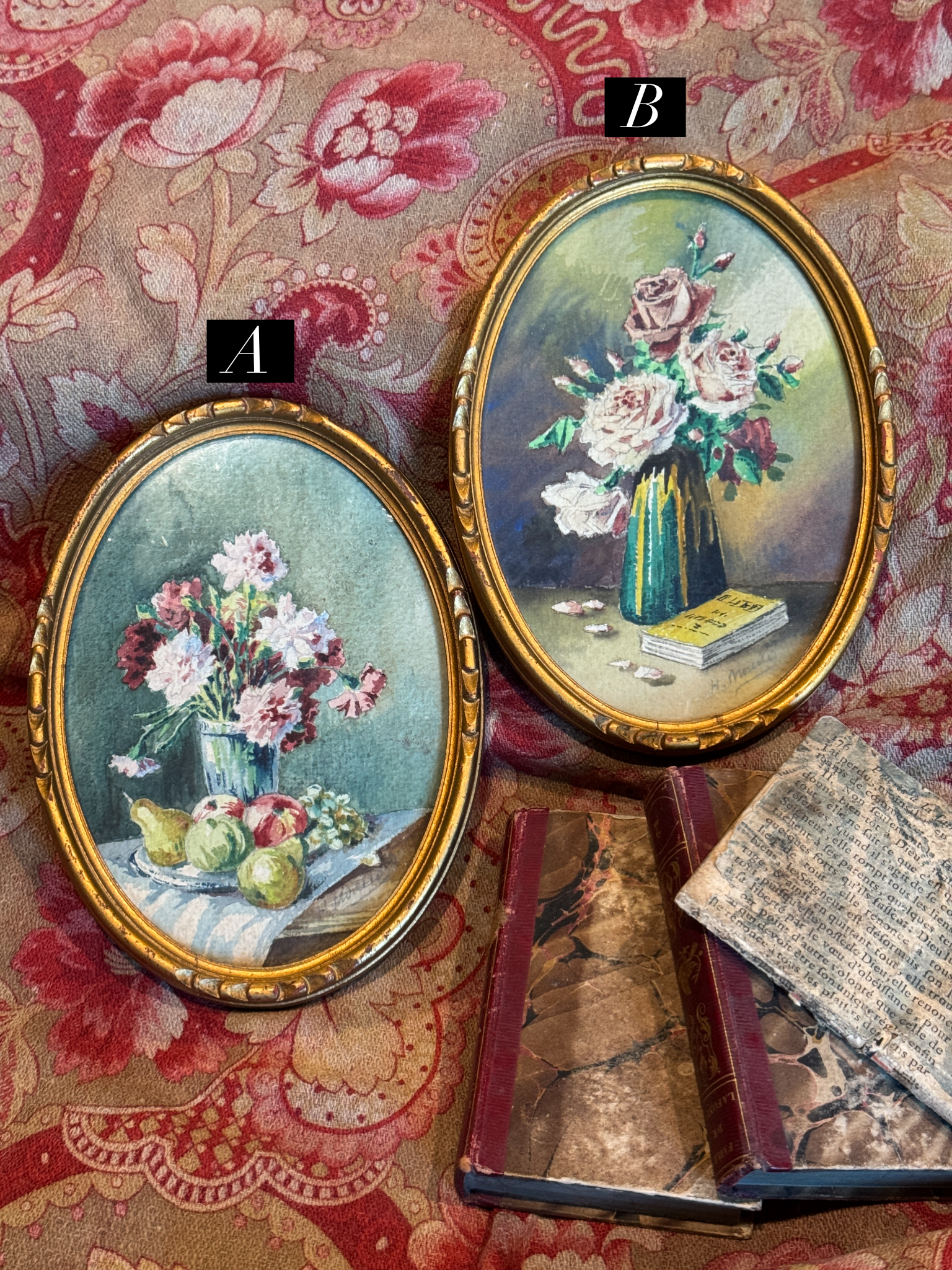 Antique French Framed Oval watercolor Florals