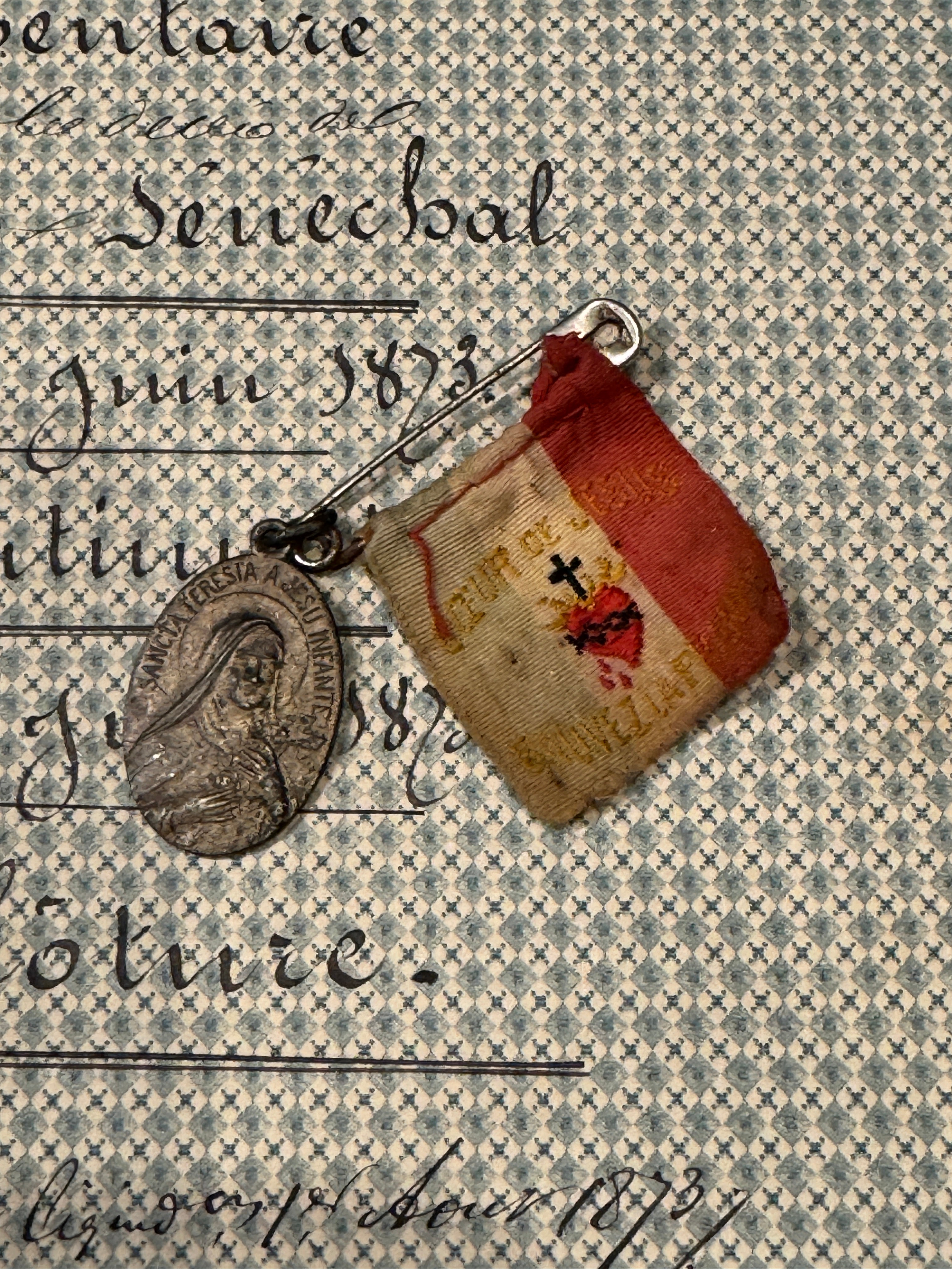 Antique Sacred Heart Ribbon and Medal