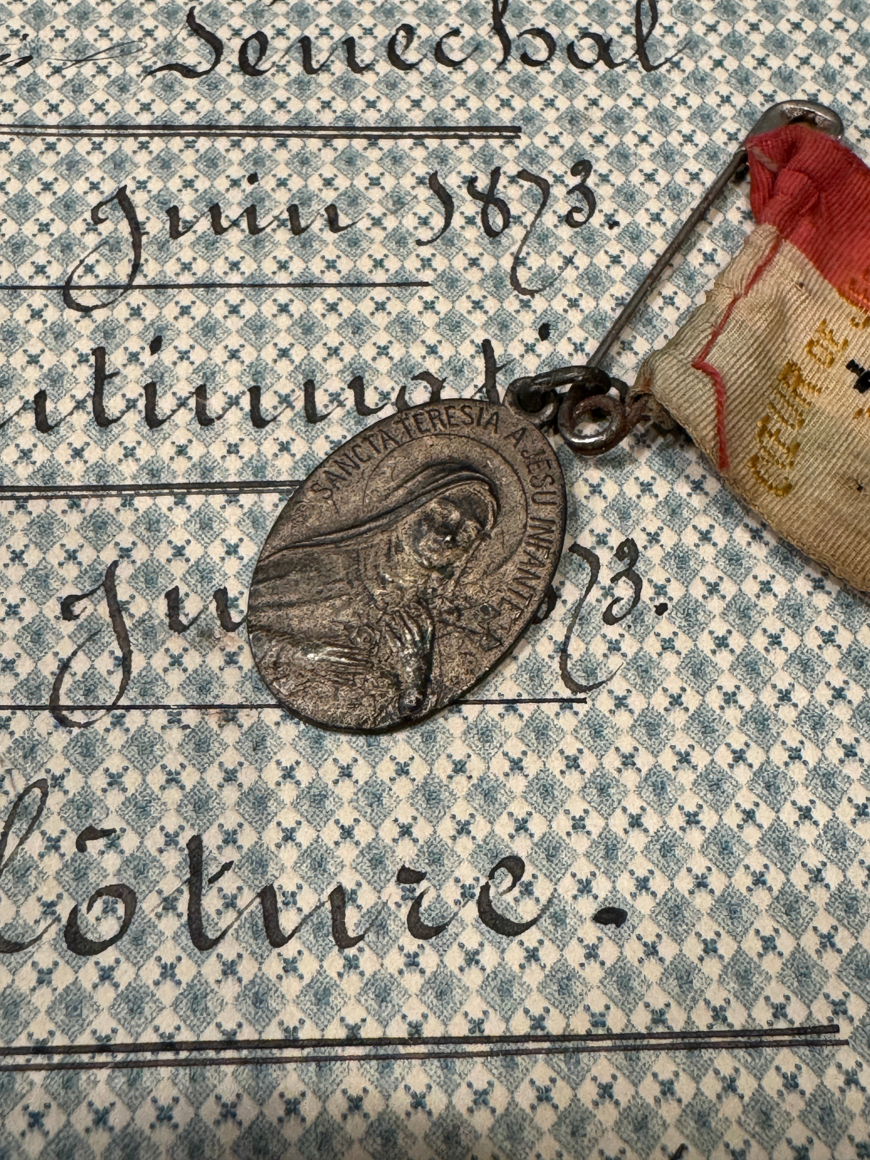 Antique Sacred Heart Ribbon and Medal