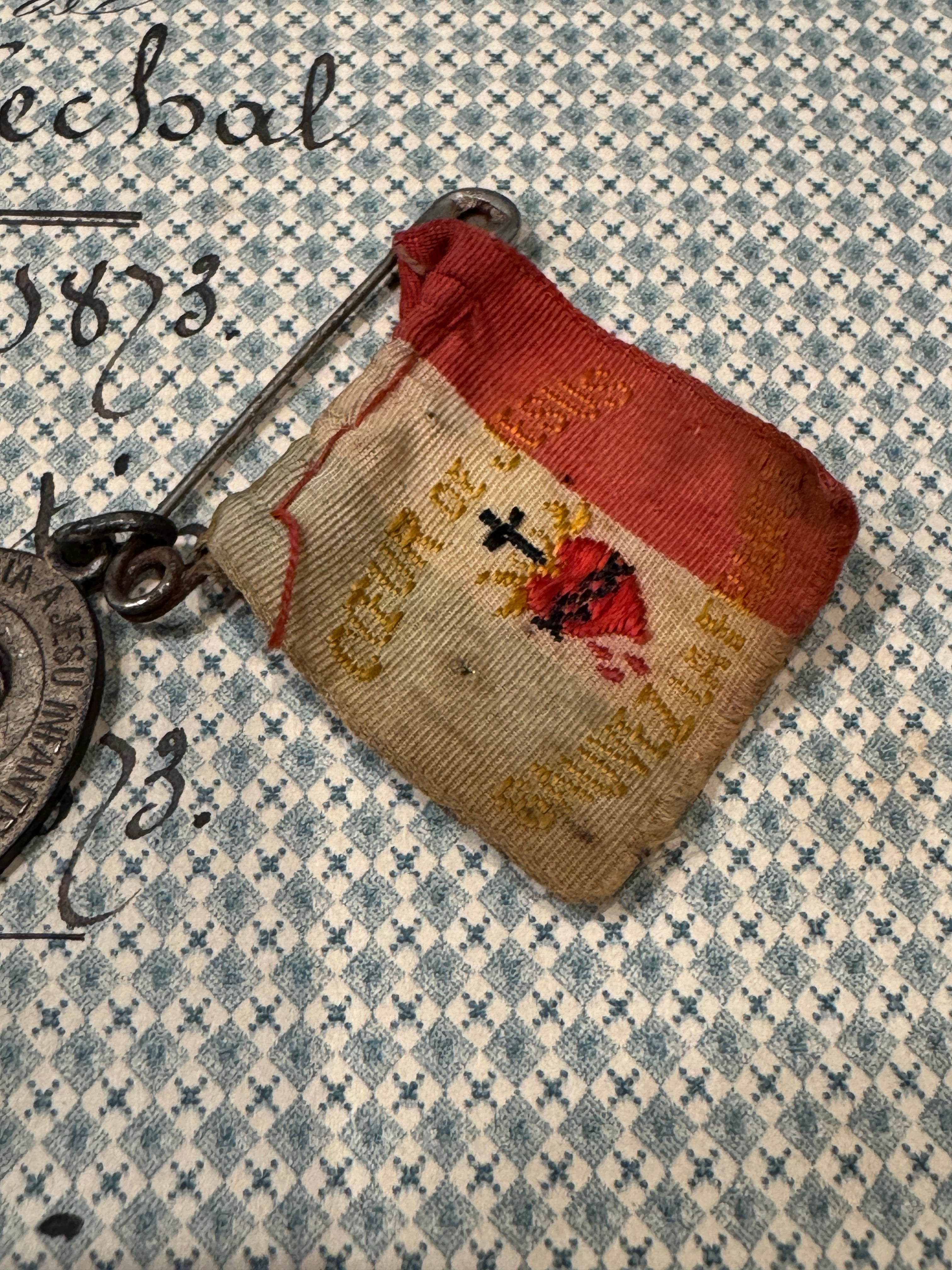 Antique Sacred Heart Ribbon and Medal