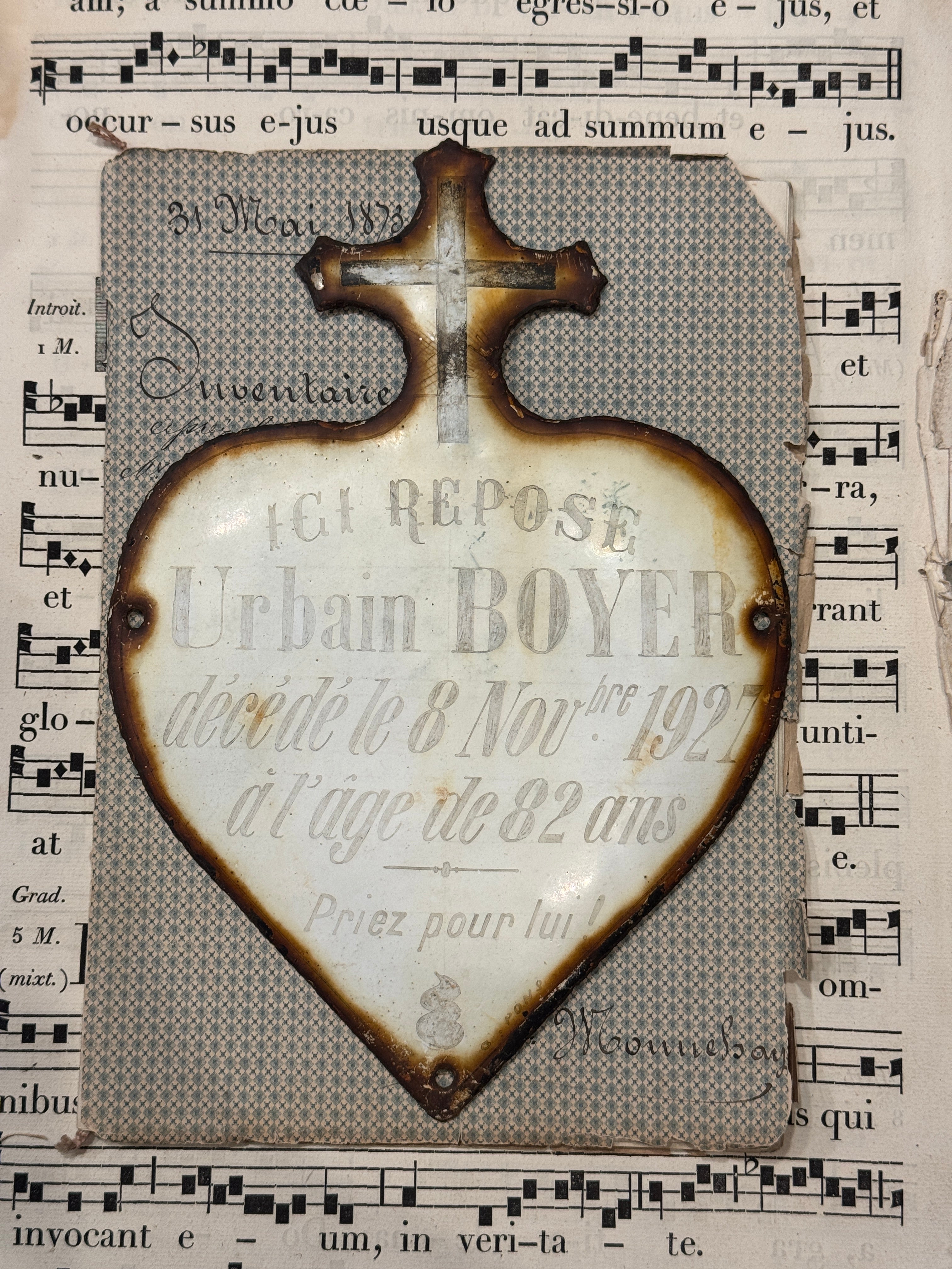 Antique French Heart Shaped Memorial Markers with Cross