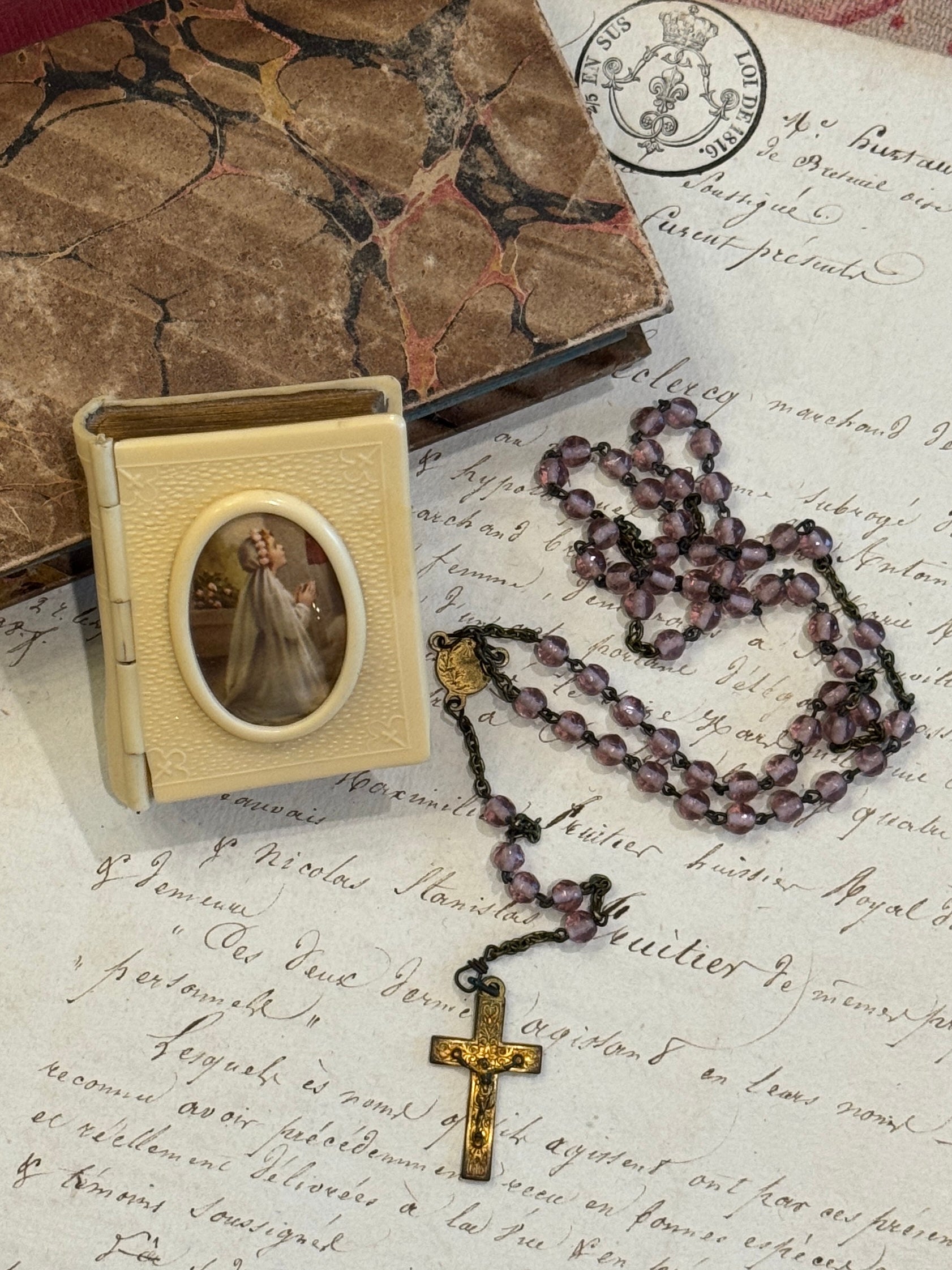 Antique Catholic Rosary in a Vintage Book Box